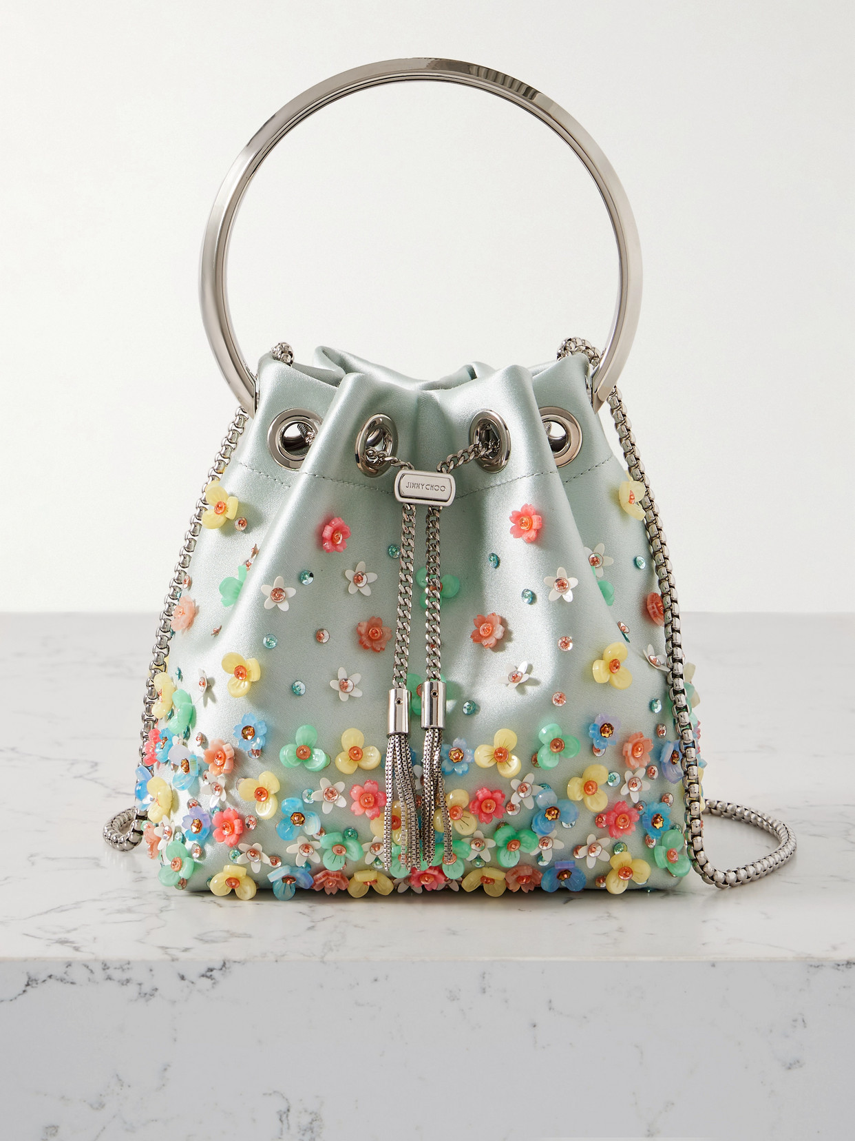 Jimmy Choo Bon Bon Embellished Satin Bucket Bag In Green