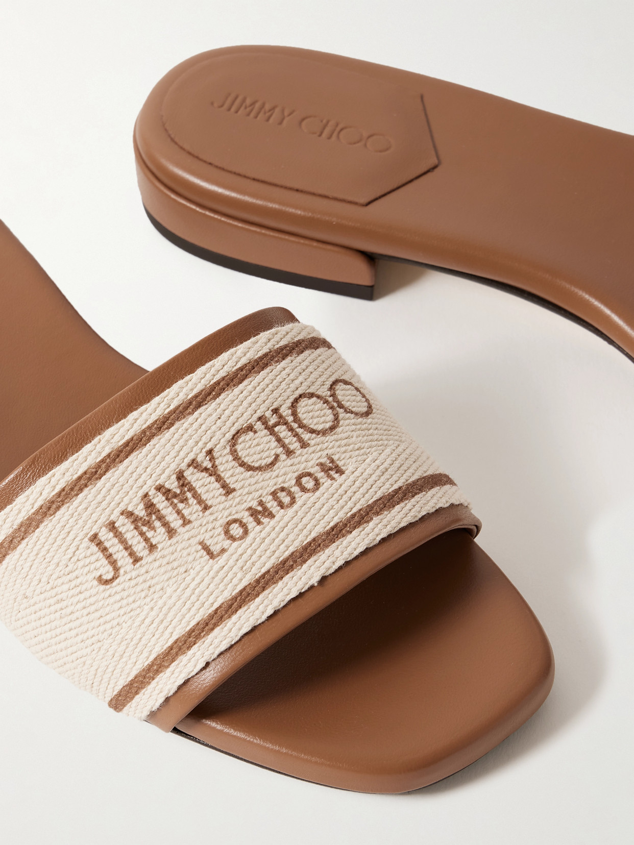 JIMMY CHOO JOA CANVAS AND LEATHER SLIDES 