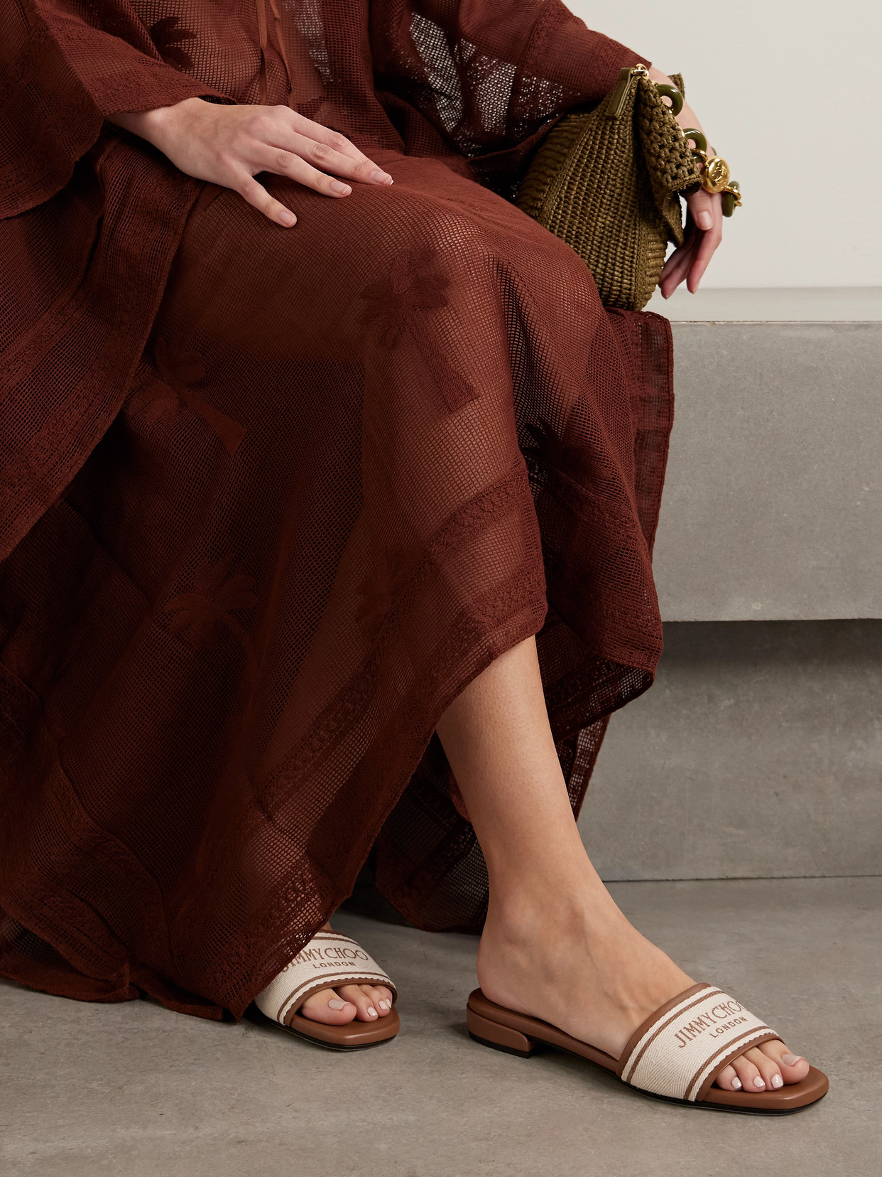 JIMMY CHOO JOA CANVAS AND LEATHER SLIDES 