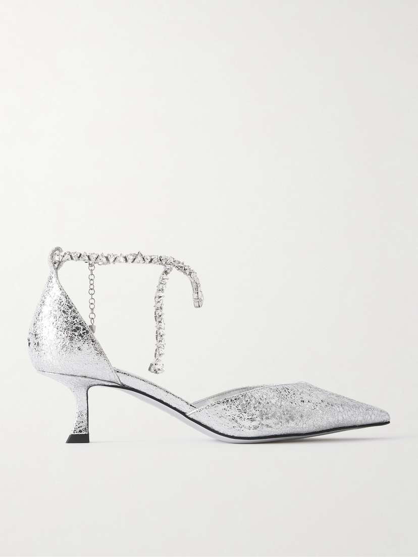 Jimmy Choo Stevie 50 Crystal-embellished Metallic Crinkled-leather Pumps