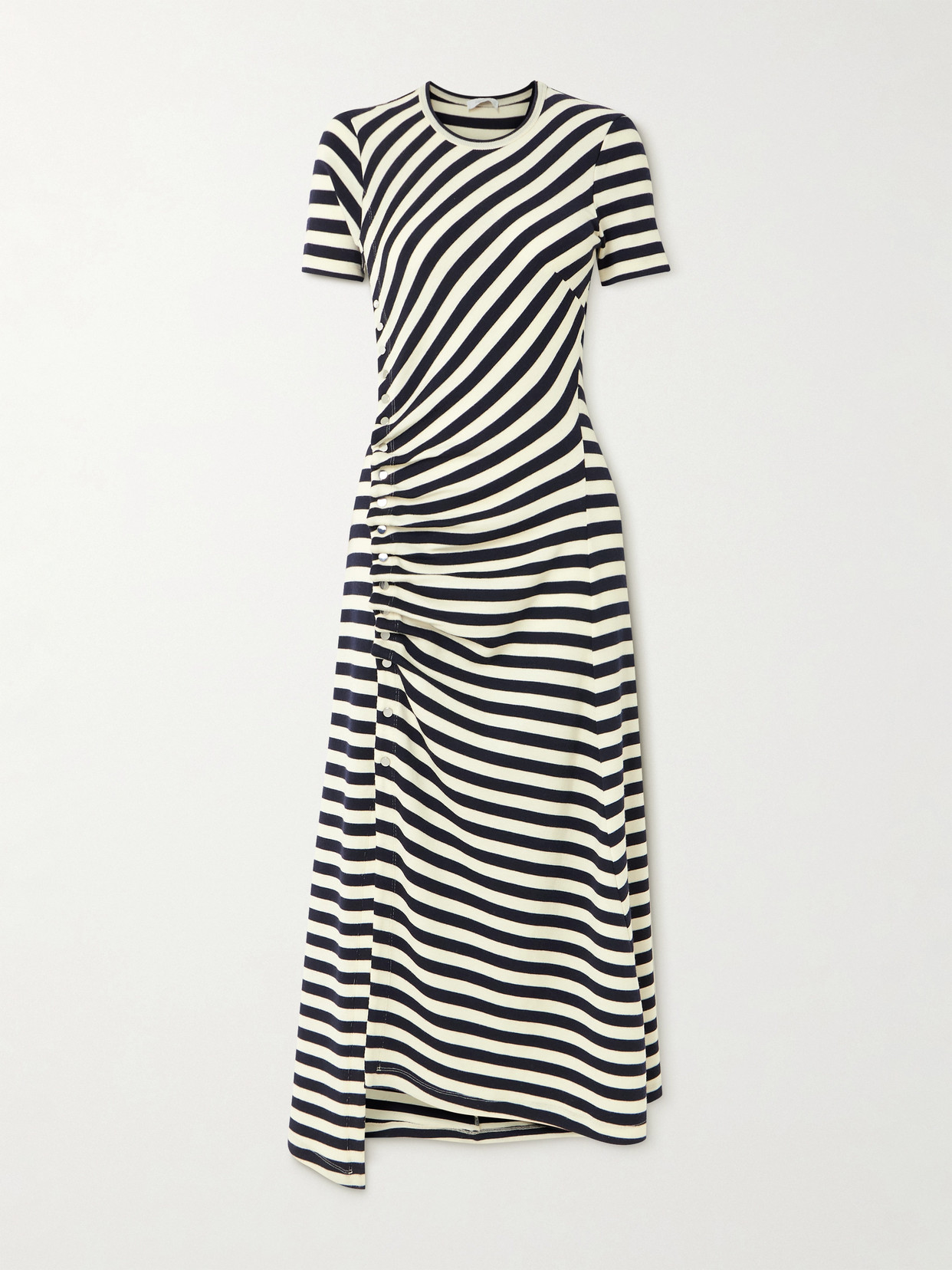 Rabanne Gathered Embellished Striped Wool-blend Midi Dress In Gray