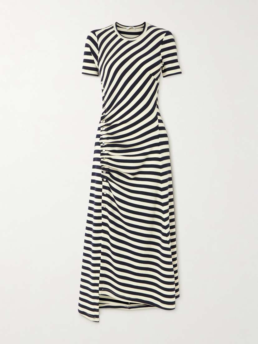 Rabanne Gathered Embellished Striped Wool-blend Midi Dress