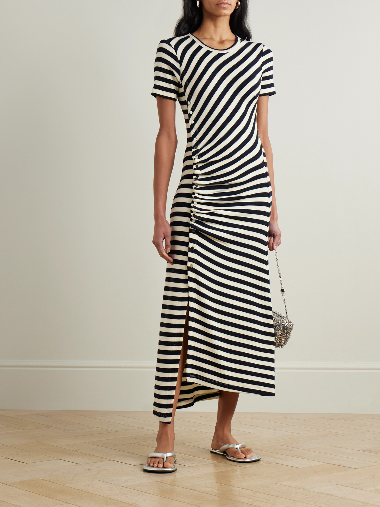 Rabanne Gathered Embellished Striped Wool-blend Midi Dress In Gray