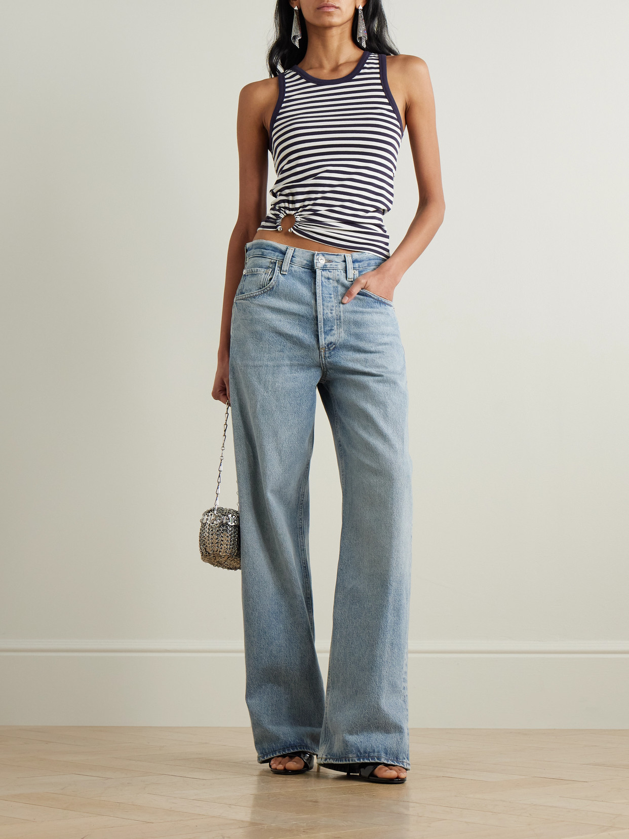 Rabanne Embellished Striped Cotton-blend Jersey Tank In Blue