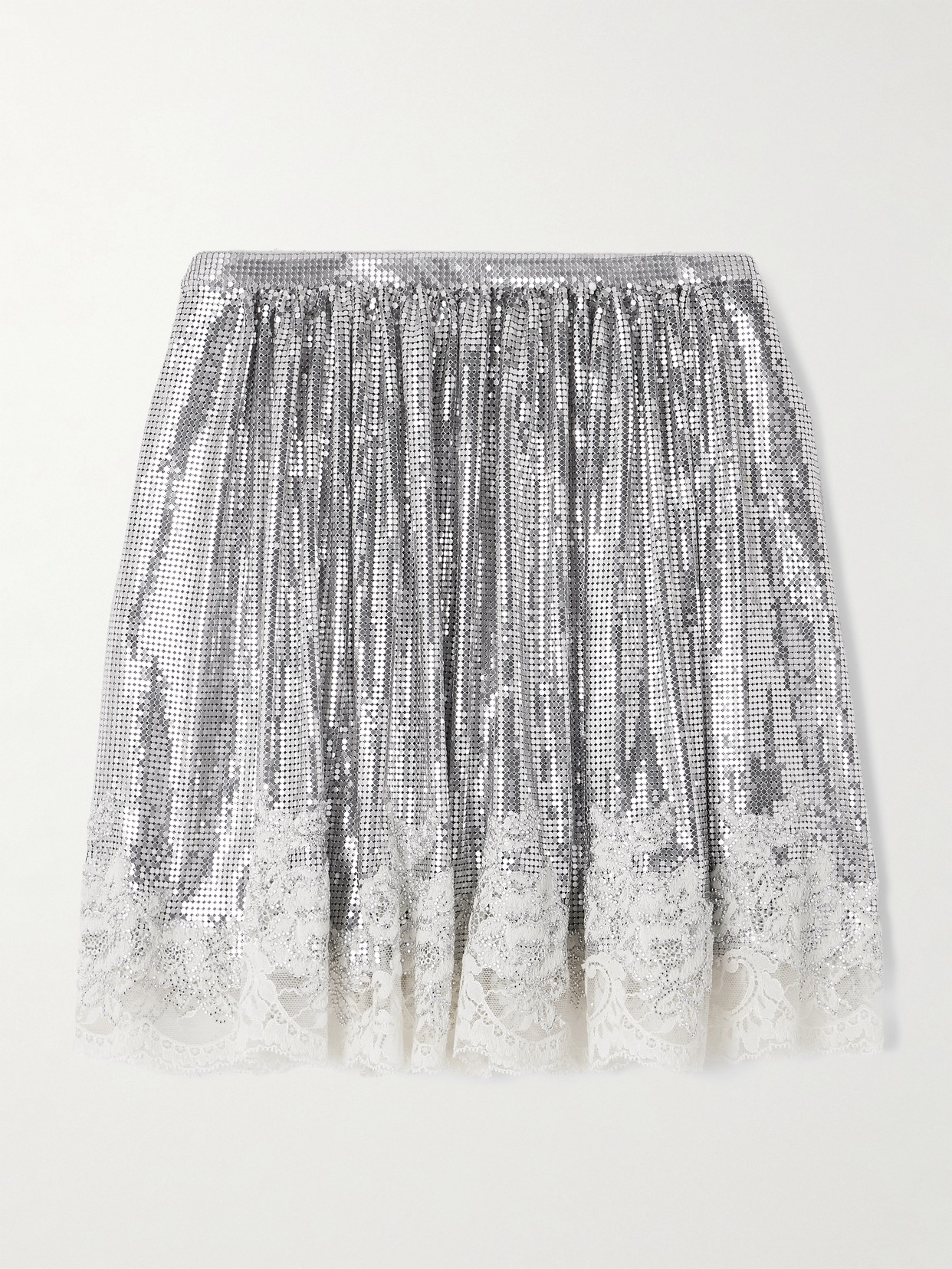 Rabanne Crystal-embellished Lace-trimmed Chainmail Mini Skirt In Metallic
