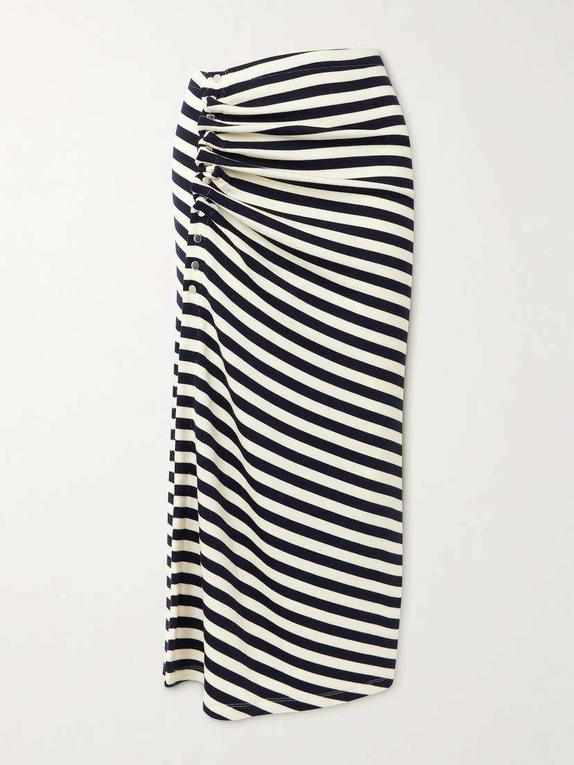 Rabanne Gathered Striped Wool-blend Midi Skirt