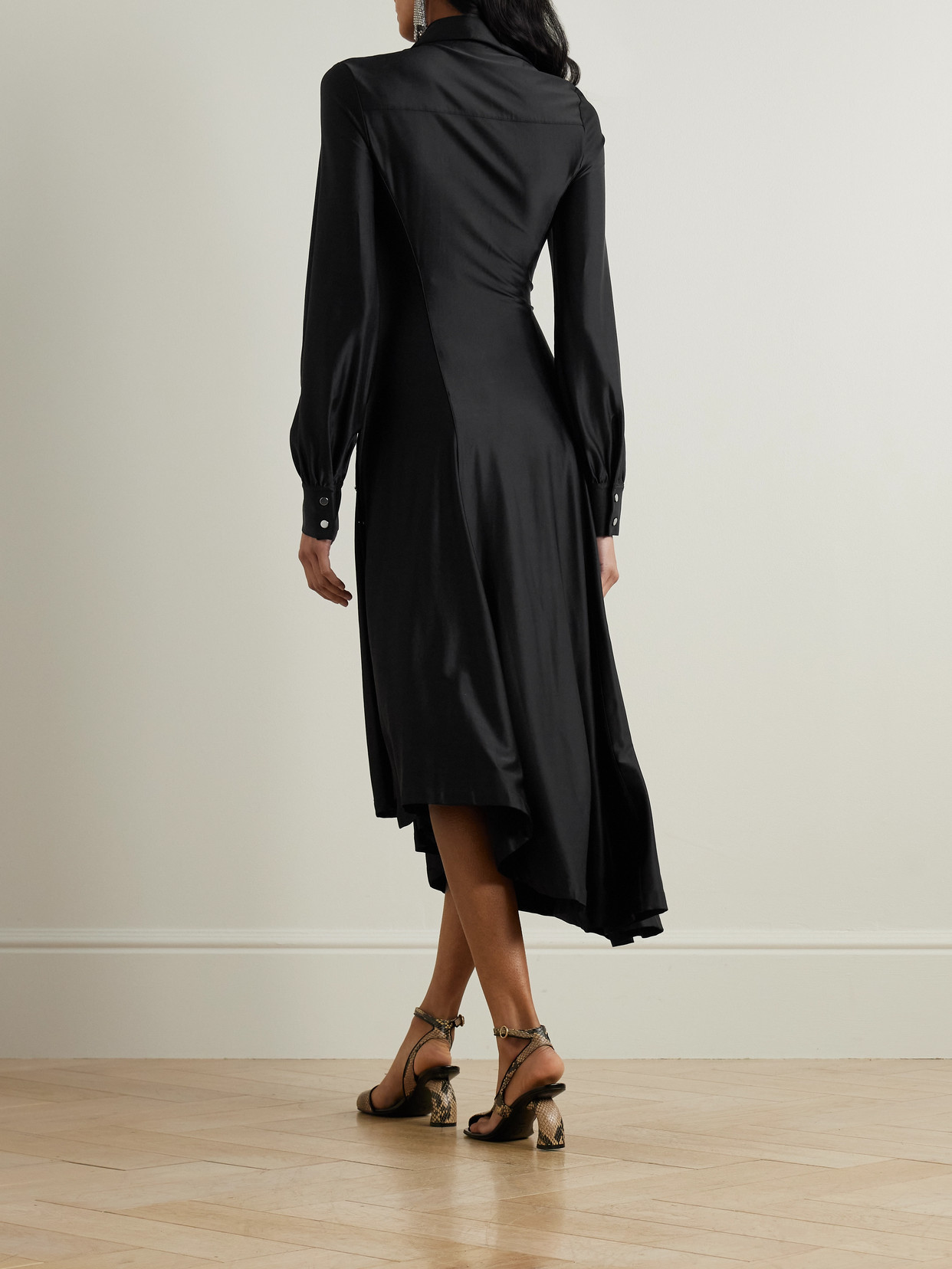 Rabanne Embellished Gathered Satin-jersey Midi Shirt Dress In Black