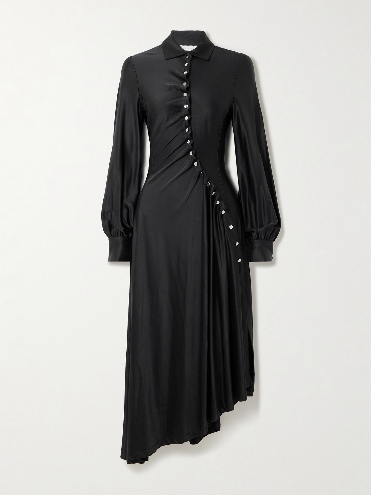 Rabanne Embellished Gathered Satin-jersey Midi Shirt Dress In Black
