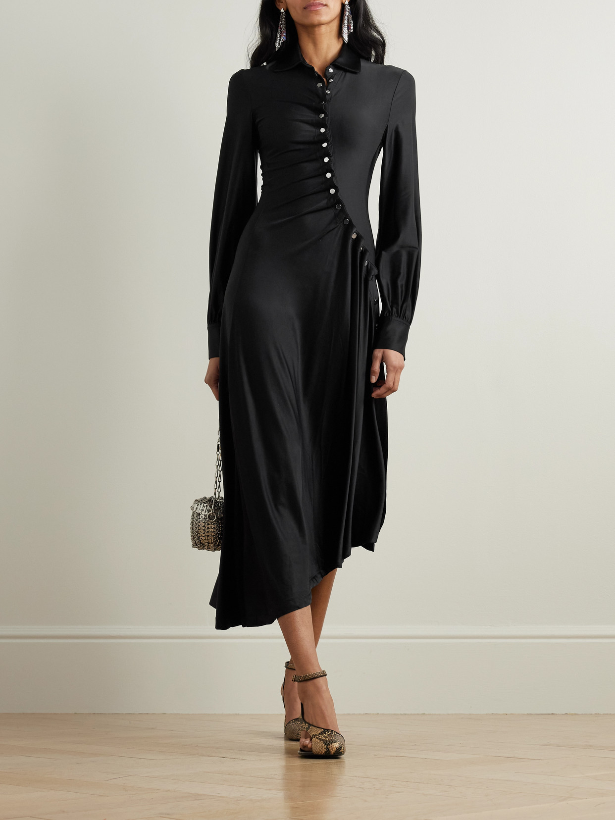Rabanne Embellished Gathered Satin-jersey Midi Shirt Dress In Black