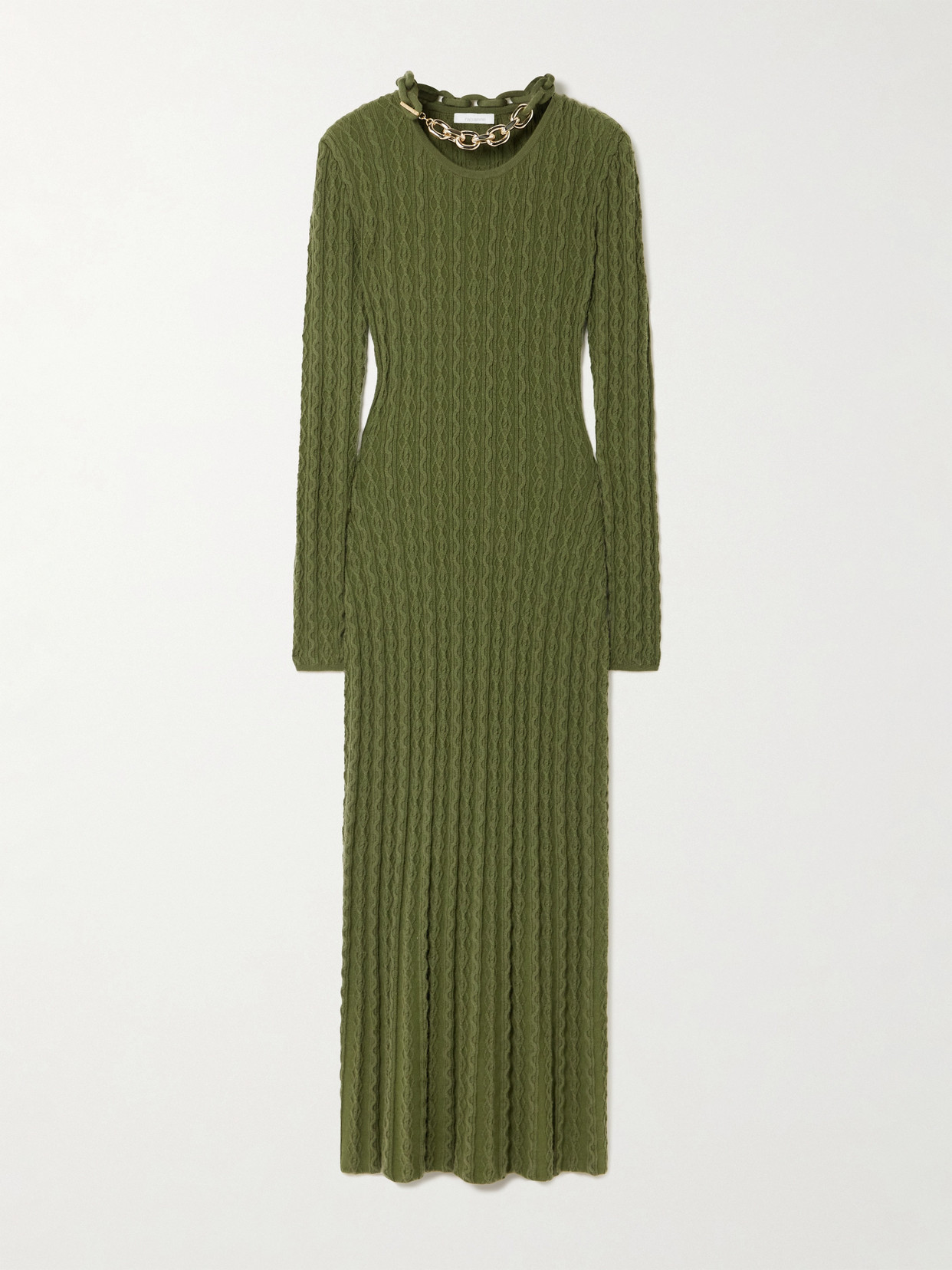 RABANNE - Chain-embellished Cable-knit Wool And Cashmere-blend Maxi Dress - Army green