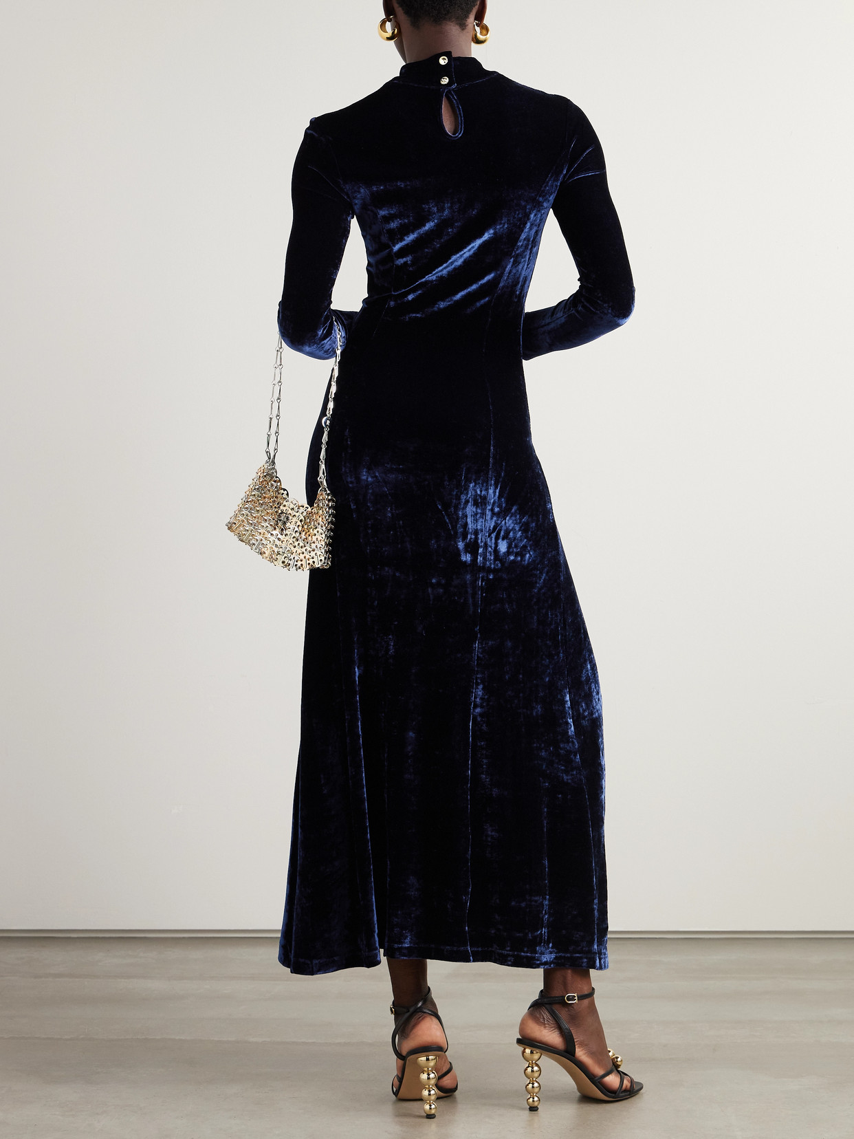Rabanne Asymmetric Ruched Embellished Velvet Turtleneck Dress In Blue