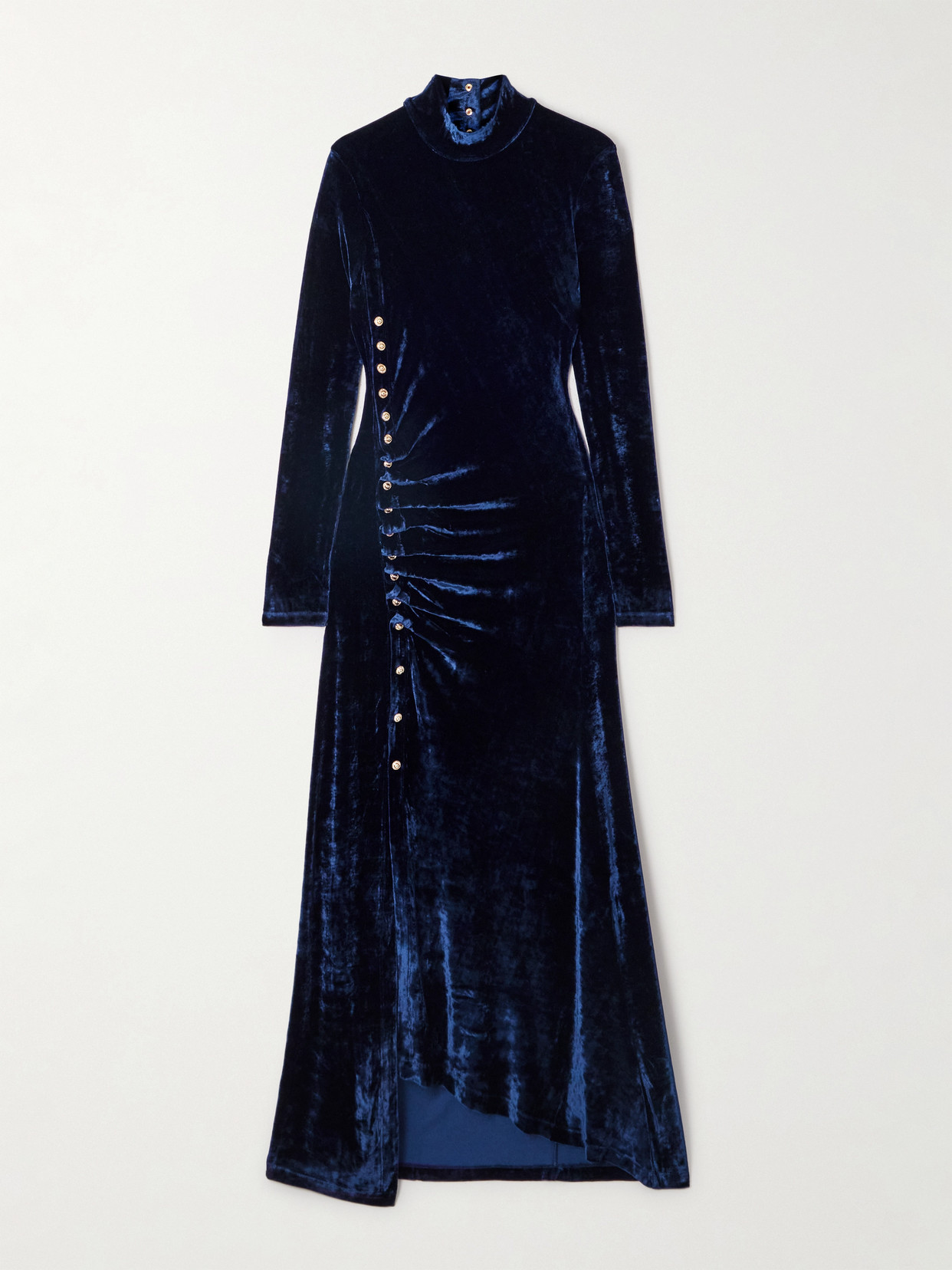 Rabanne Asymmetric Ruched Embellished Velvet Turtleneck Dress In Blue