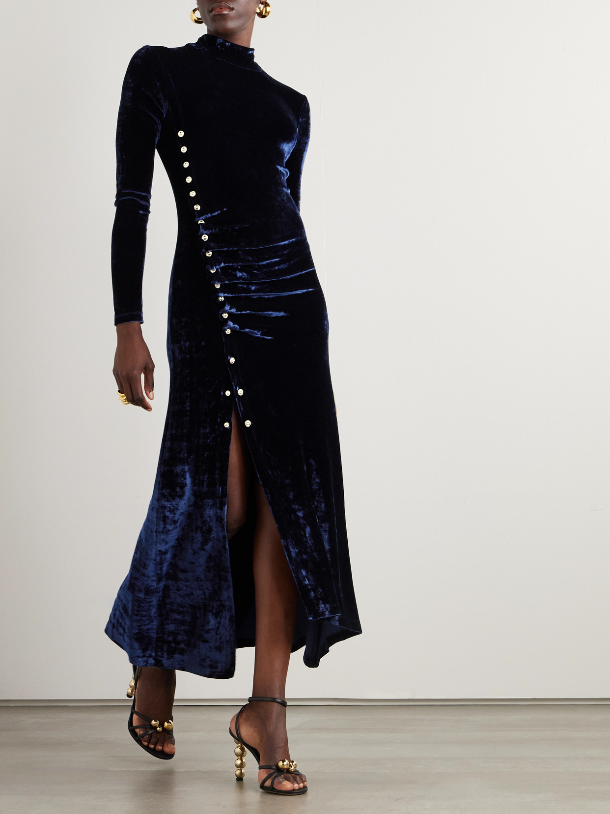 Rabanne Asymmetric Ruched Embellished Velvet Turtleneck Dress In Blue