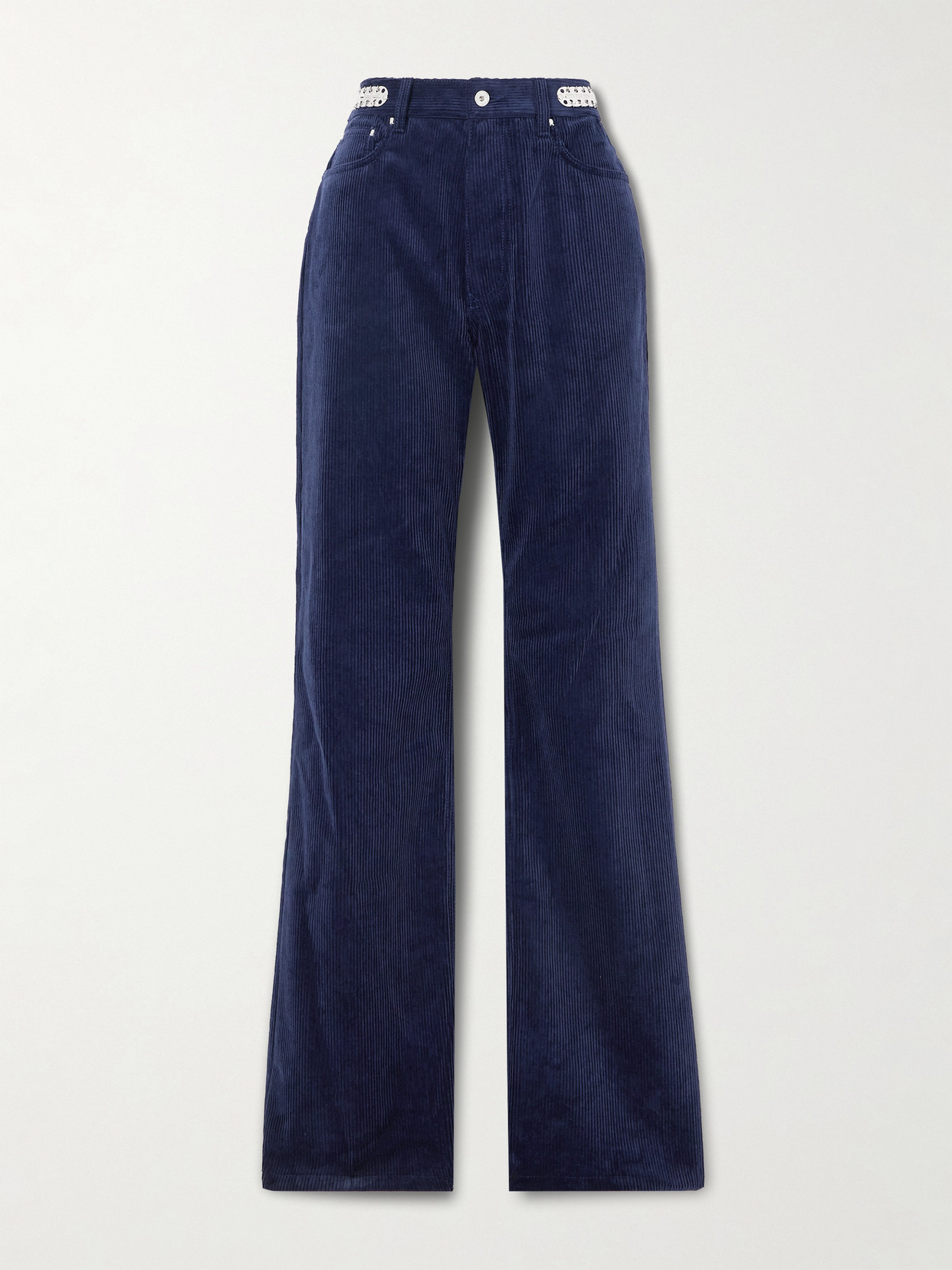 Rabanne Embellished Cotton-corduroy Slim-leg Pants In Blue