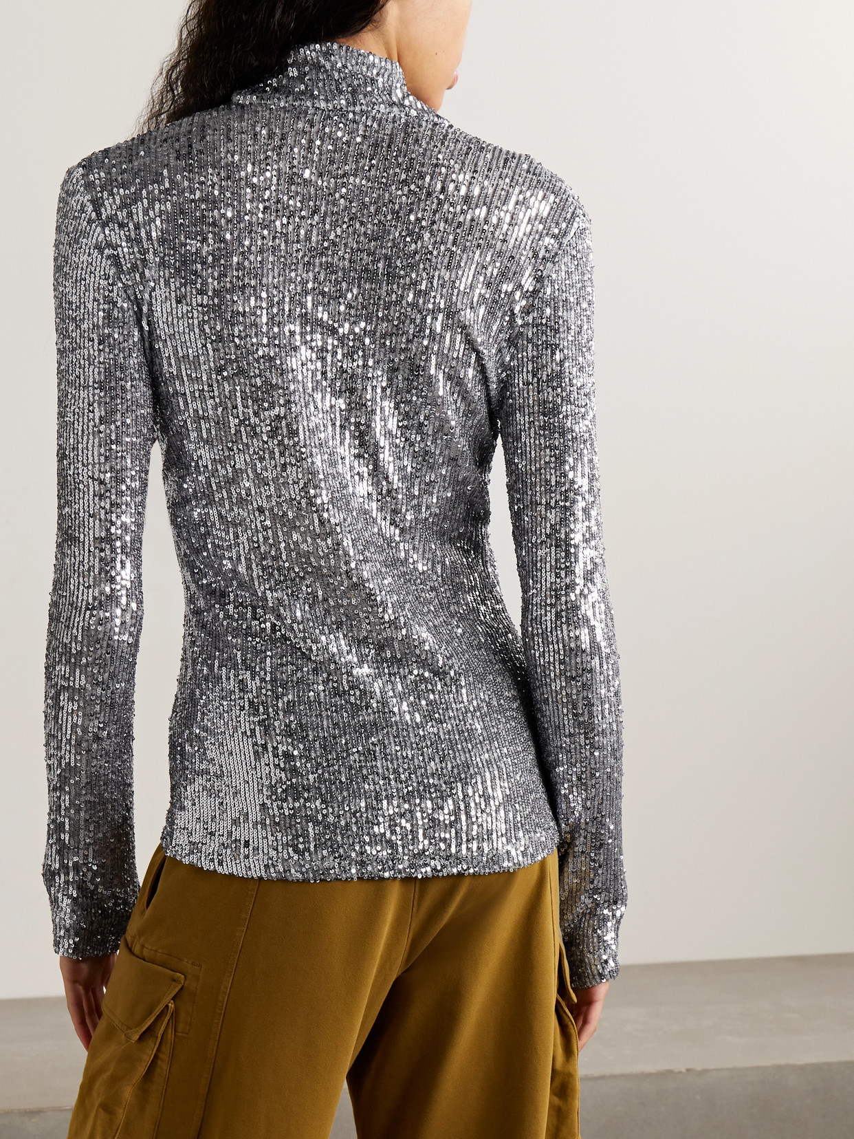 Rabanne Sequined Tulle Turtleneck Top In Gray