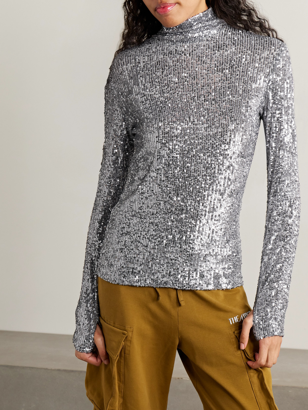 Rabanne Sequined Tulle Turtleneck Top In Gray