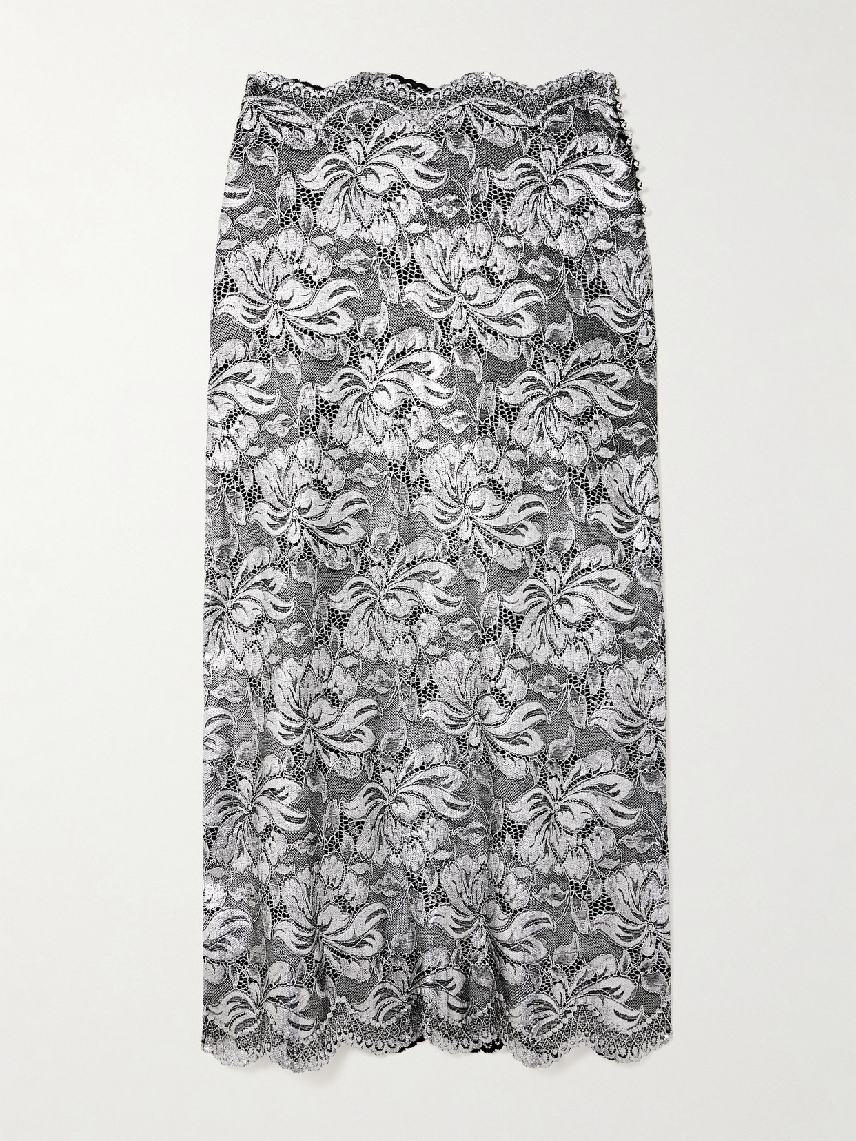 Rabanne Scalloped Metallic Stretch-lace Midi Skirt In Silver