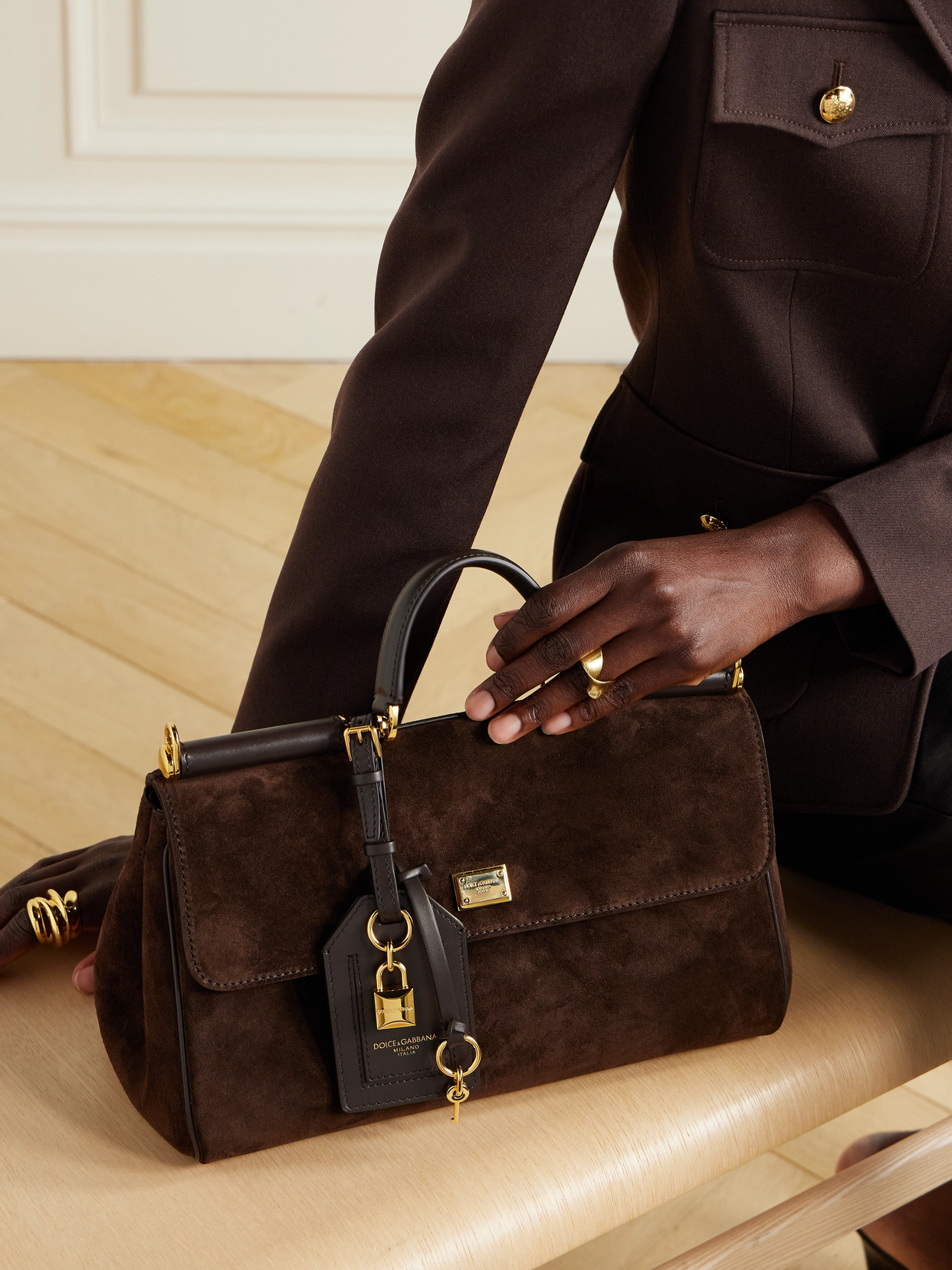 Dolce & Gabbana Sicily Small Leather-trimmed Suede Shoulder Bag In Brown