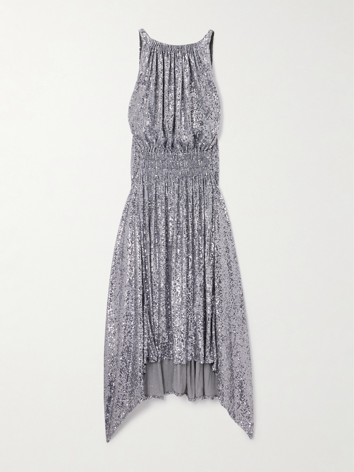 Rabanne Asymmetric Ruched Sequin-embellished Jersey Midi Dress In Gray