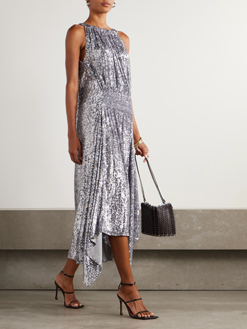 Rabanne Asymmetric ruched sequin-embellished jersey midi dress
