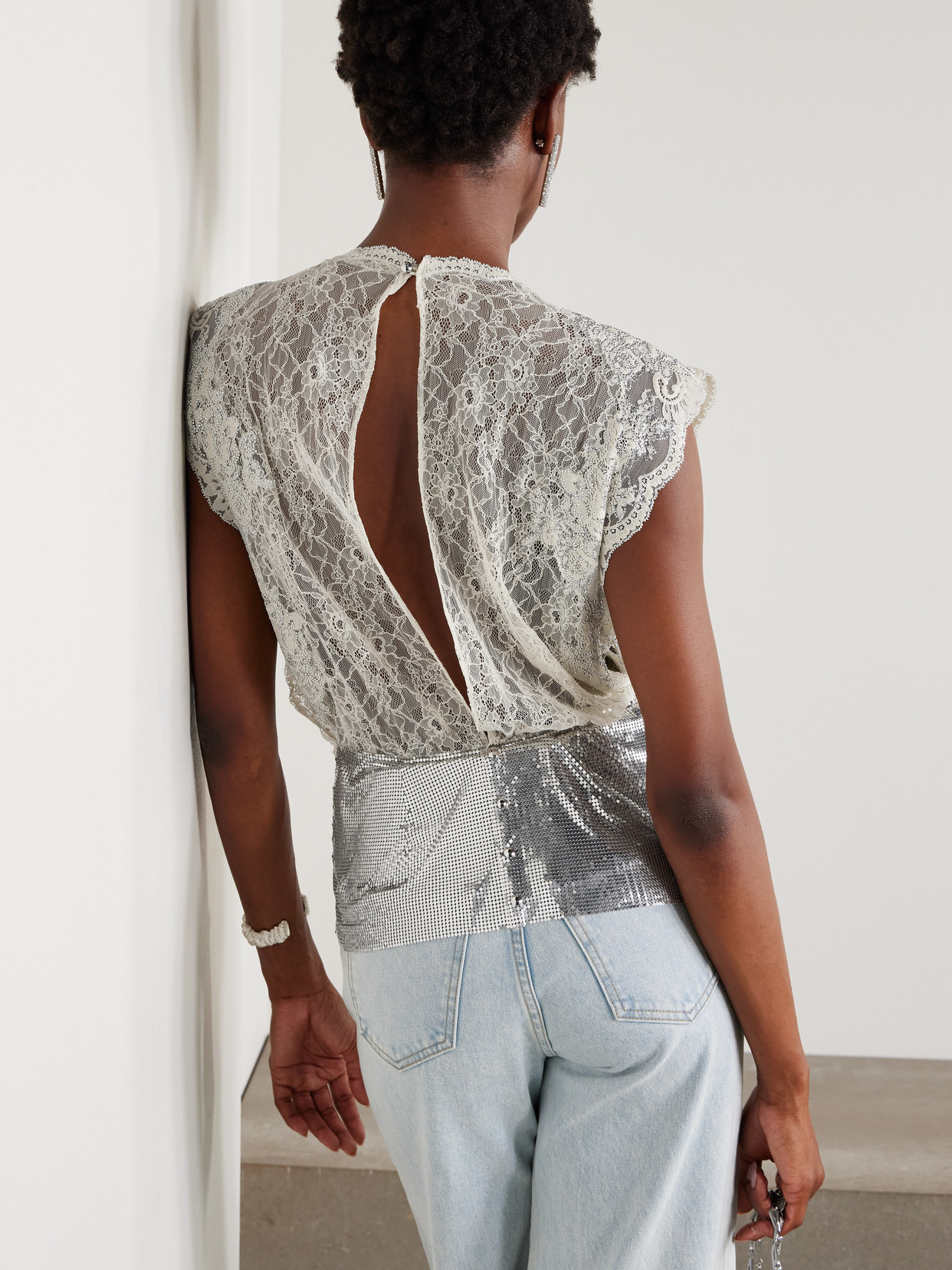 Rabanne Lace-trimmed Chainmail Blouse In Animal Print