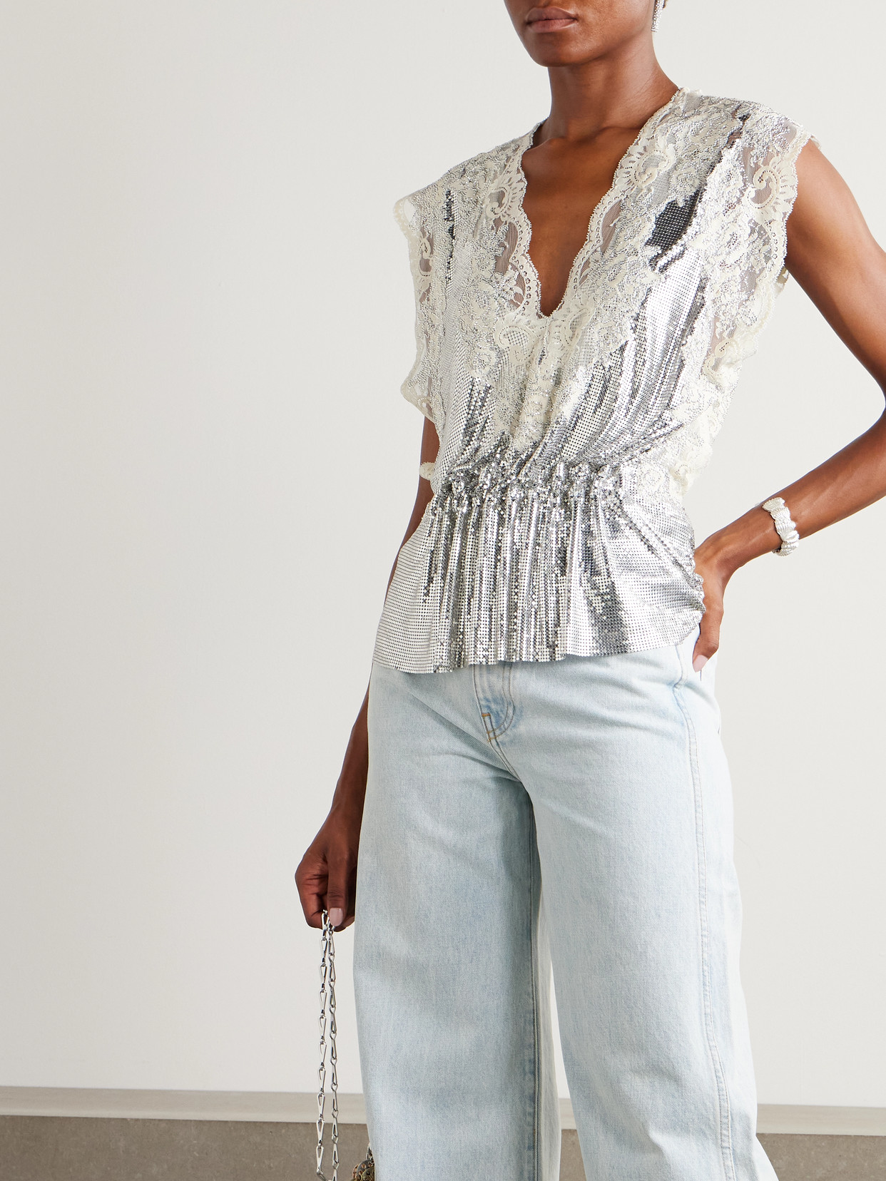 Rabanne Lace-trimmed Chainmail Blouse In Animal Print