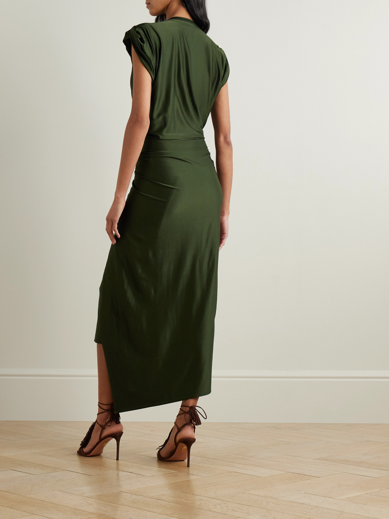 Rabanne Womens Draped Cap-sleeves Stretch-woven Midi Dress New Kaki In Green