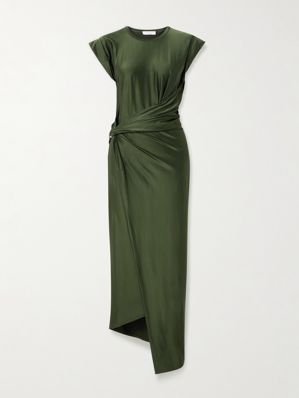 Rabanne Asymmetric Embellished Draped Satin-jersey Dress In Green