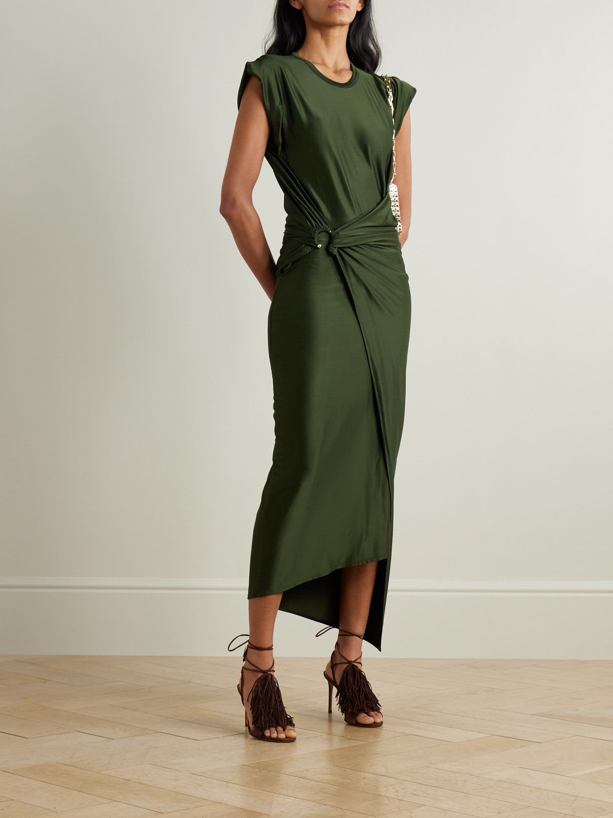 Rabanne Womens Draped Cap-sleeves Stretch-woven Midi Dress New Kaki In Green