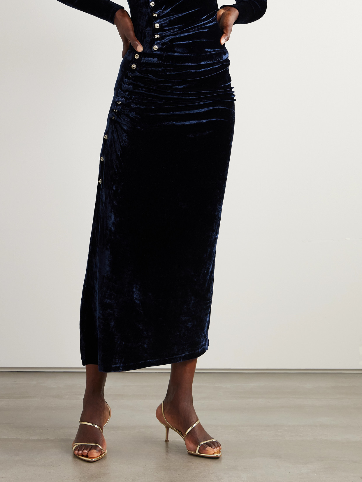 Ruched Embellished Velvet Midi