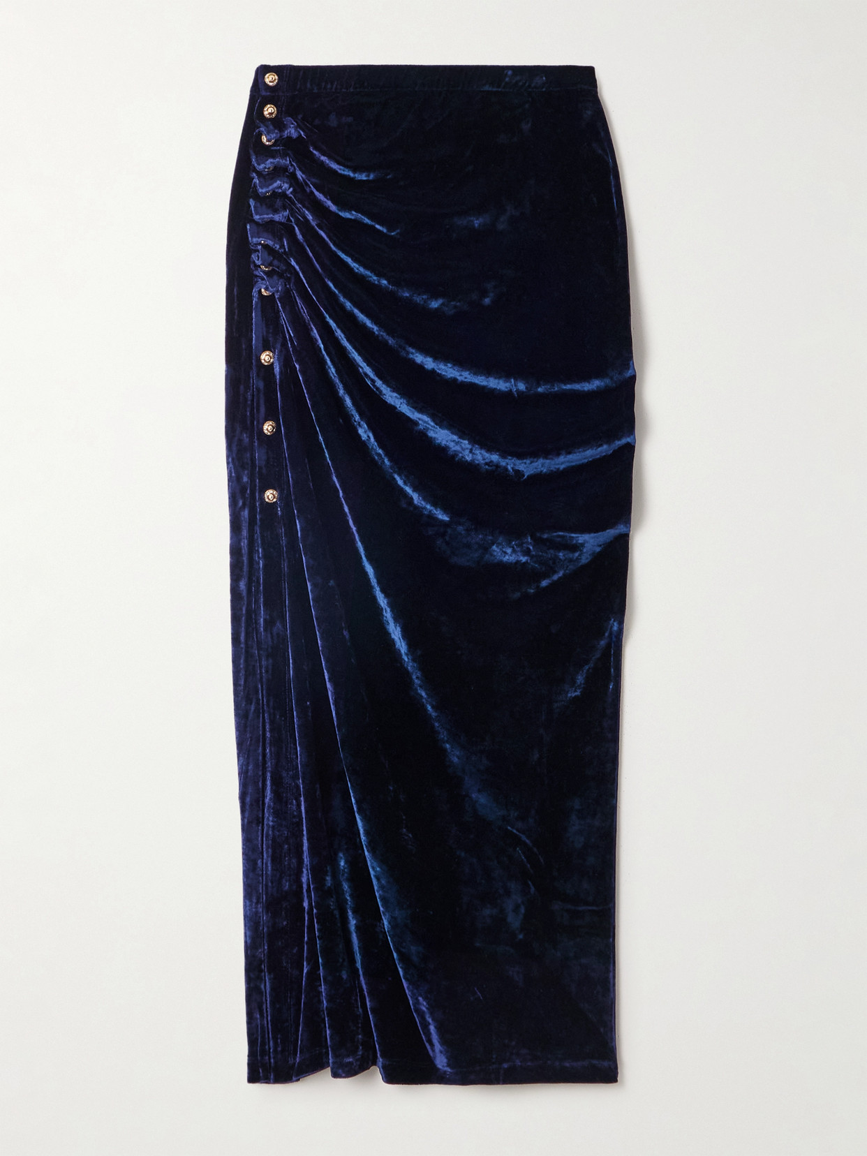 Rabanne Ruched Embellished Velvet Midi Skirt In Blue