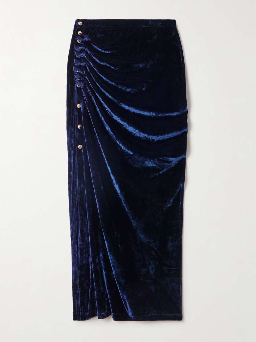 Rabanne Ruched Embellished Velvet Midi Skirt