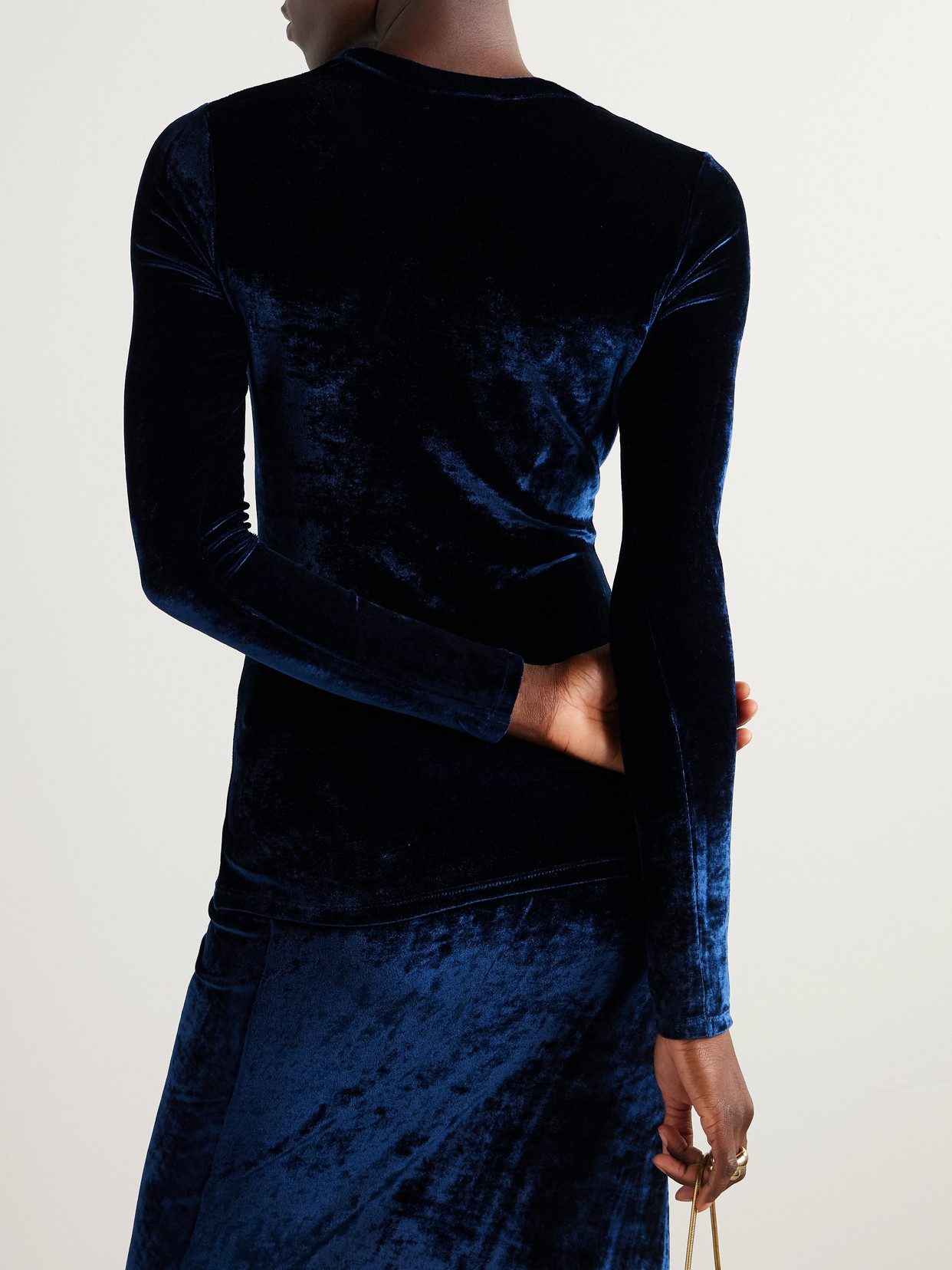 Rabanne Ruched Embellished Velvet Top In Blue