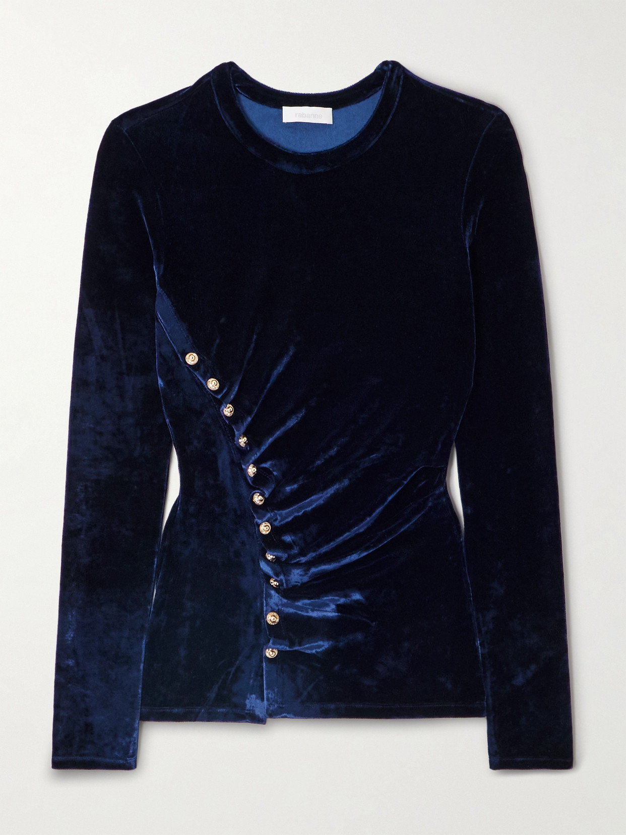 Rabanne Ruched Embellished Velvet Top In Blue