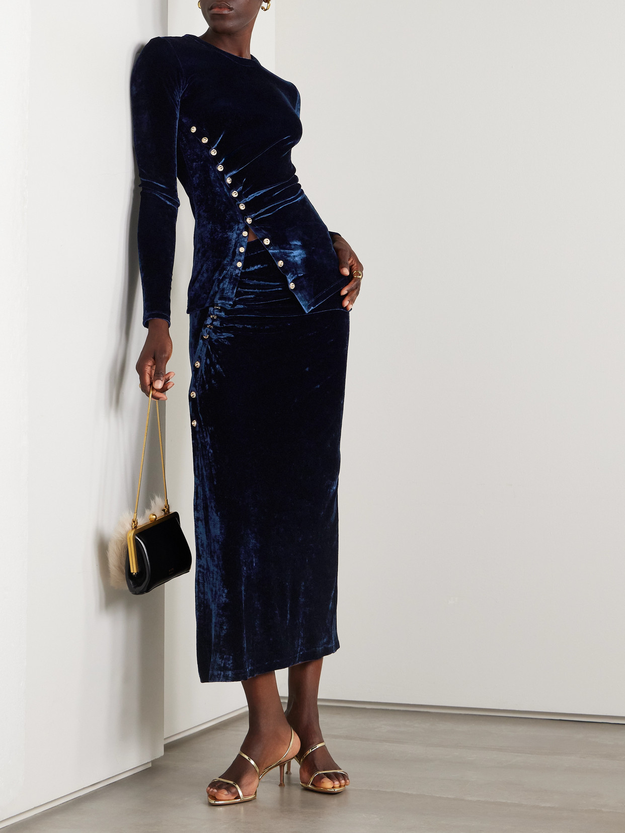 Rabanne Ruched Embellished Velvet Top In Blue