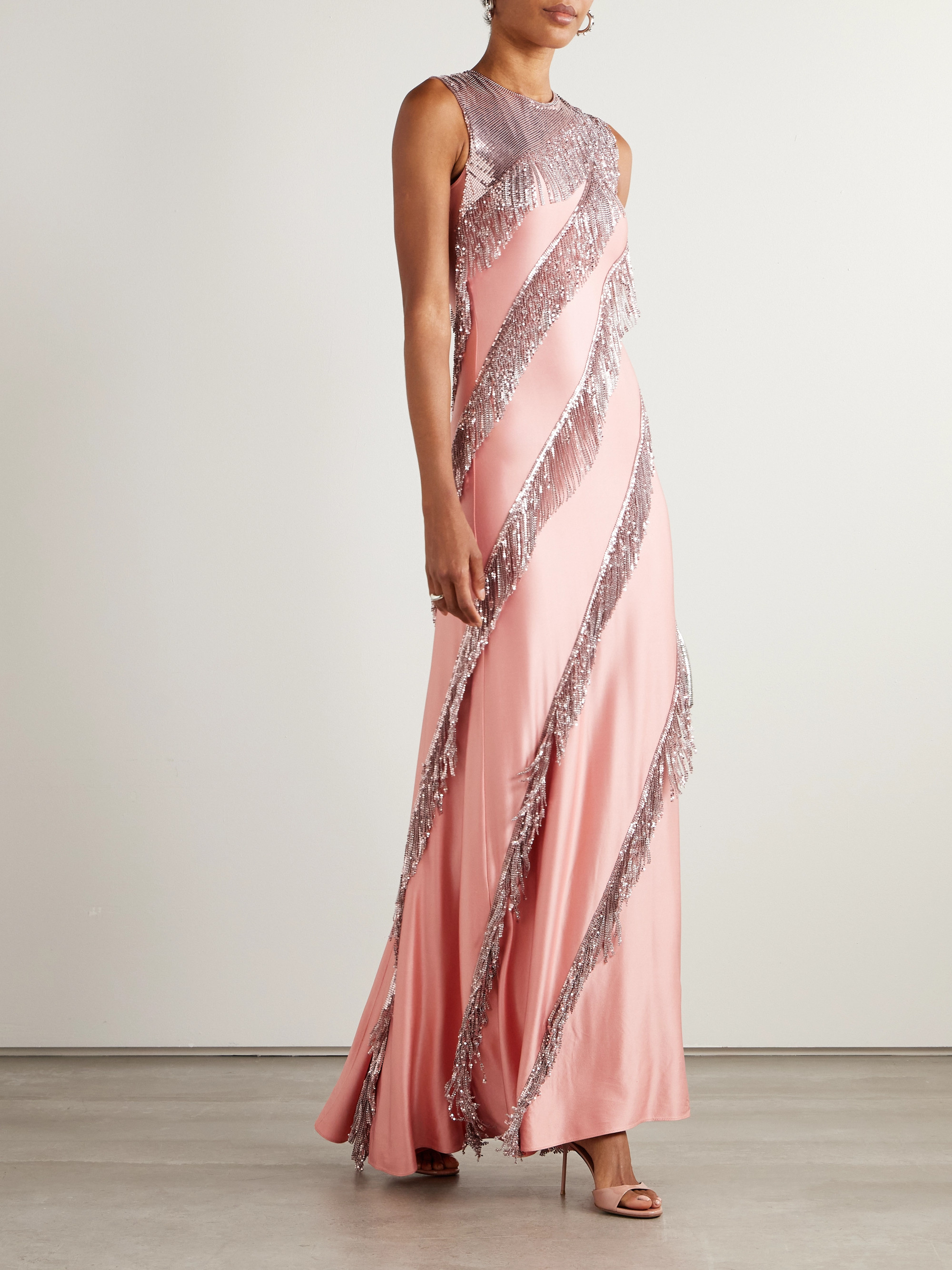 Rabanne - Fringed chainmail-embellished satin-jersey maxi dress | Plush Rabanne - Fringed chainmail-embellished satin-jersey maxi dress | Plush