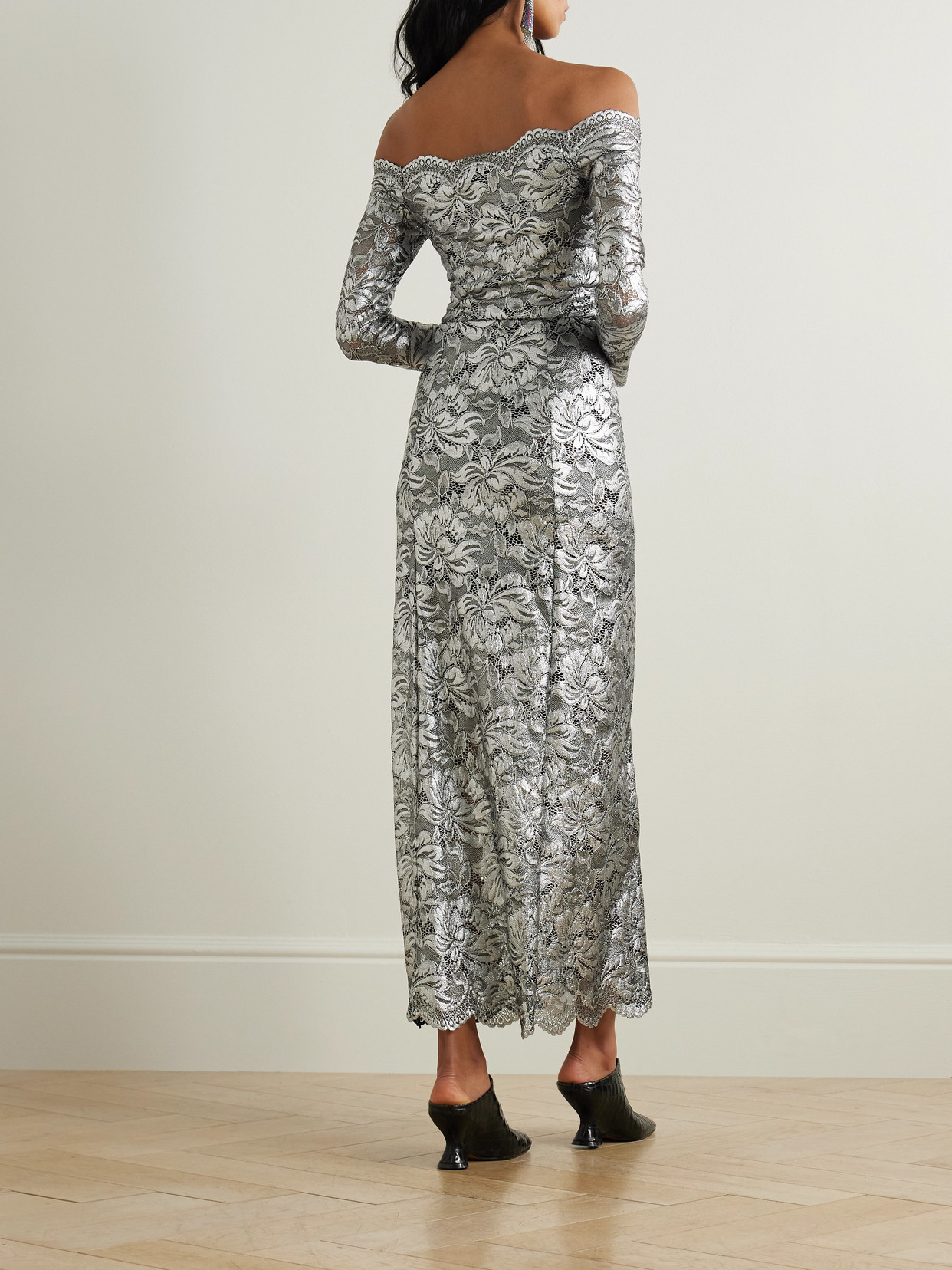 Rabanne Off-shoulder Metallic Stretch-lace Midi Dress In Silver