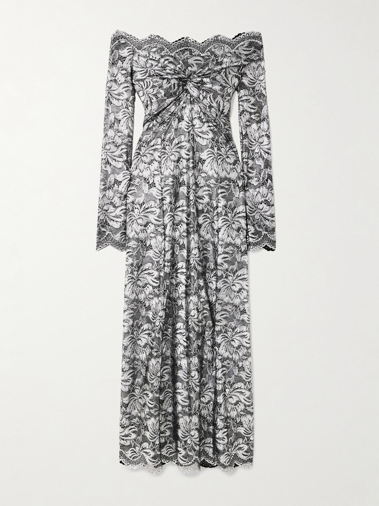 Rabanne Off-shoulder Metallic Stretch-lace Midi Dress In Silver