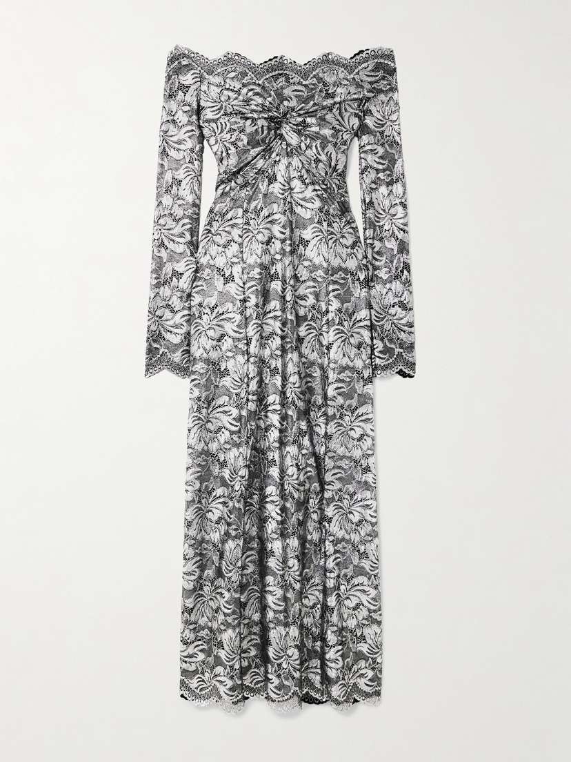 Rabanne Off-the-shoulder Metallic Stretch-lace Midi Dress