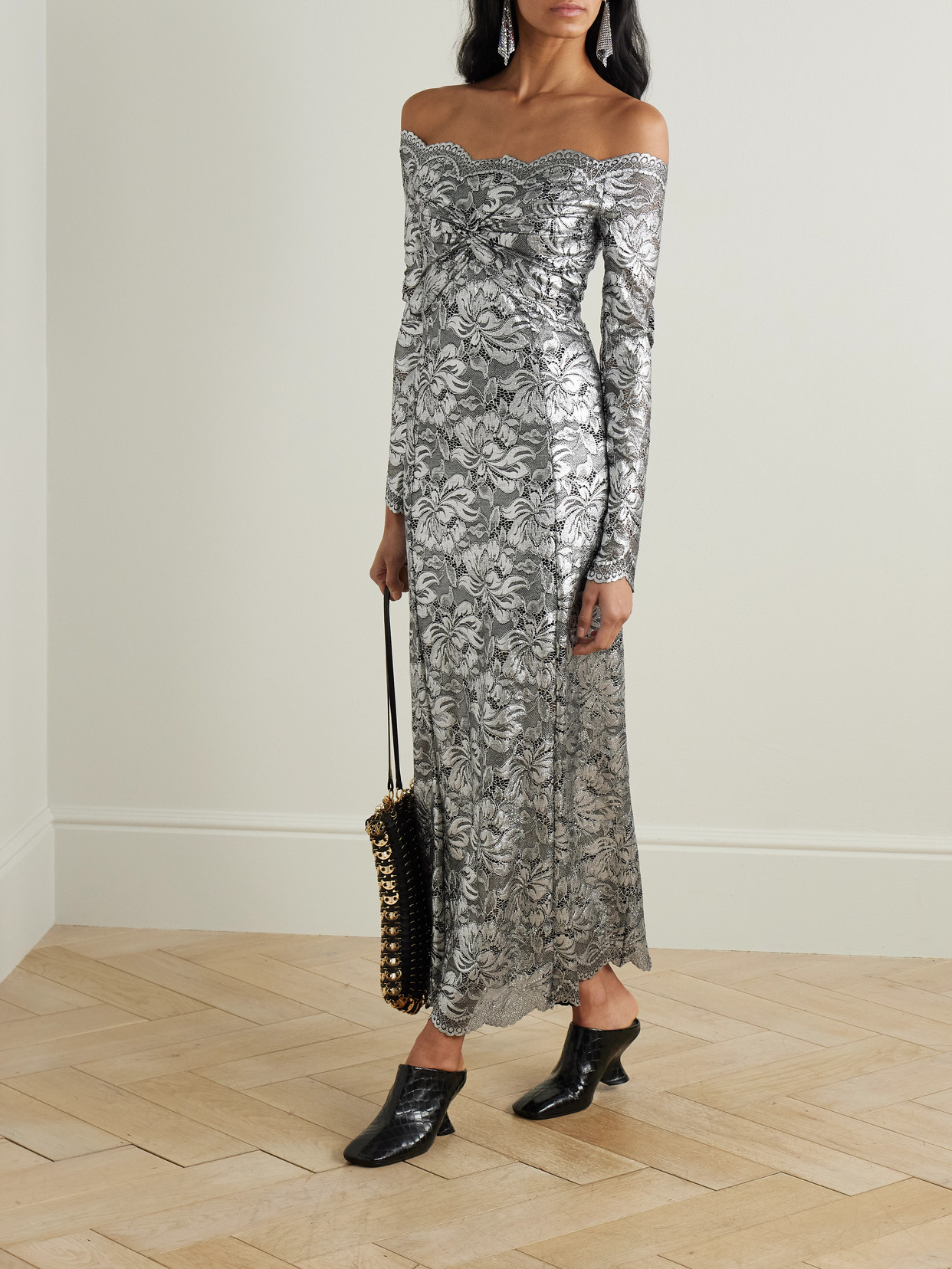 Rabanne Off-shoulder Metallic Stretch-lace Midi Dress In Silver