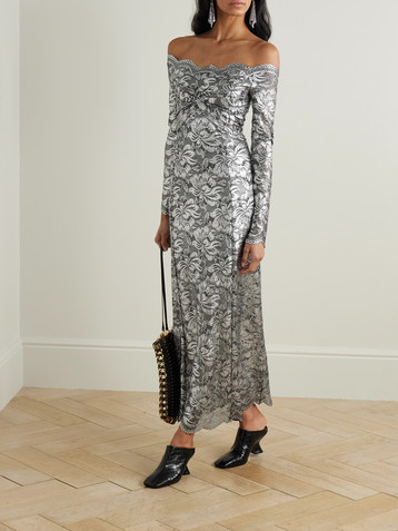Rabanne Off-the-shoulder metallic stretch-lace midi dress