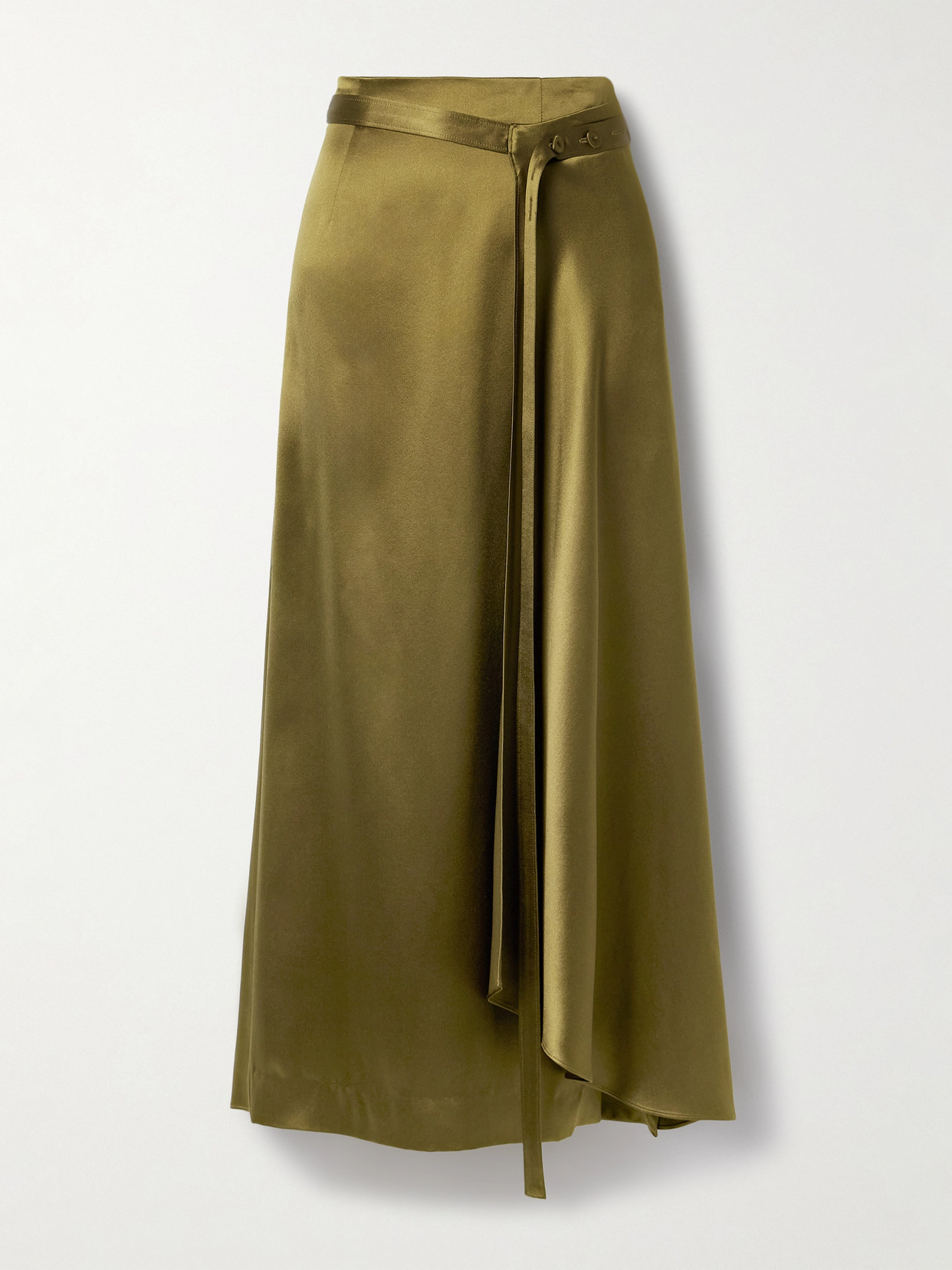 Adam Lippes Bruna Wrap-effect Belted Silk-charmeuse Midi Skirt In Green