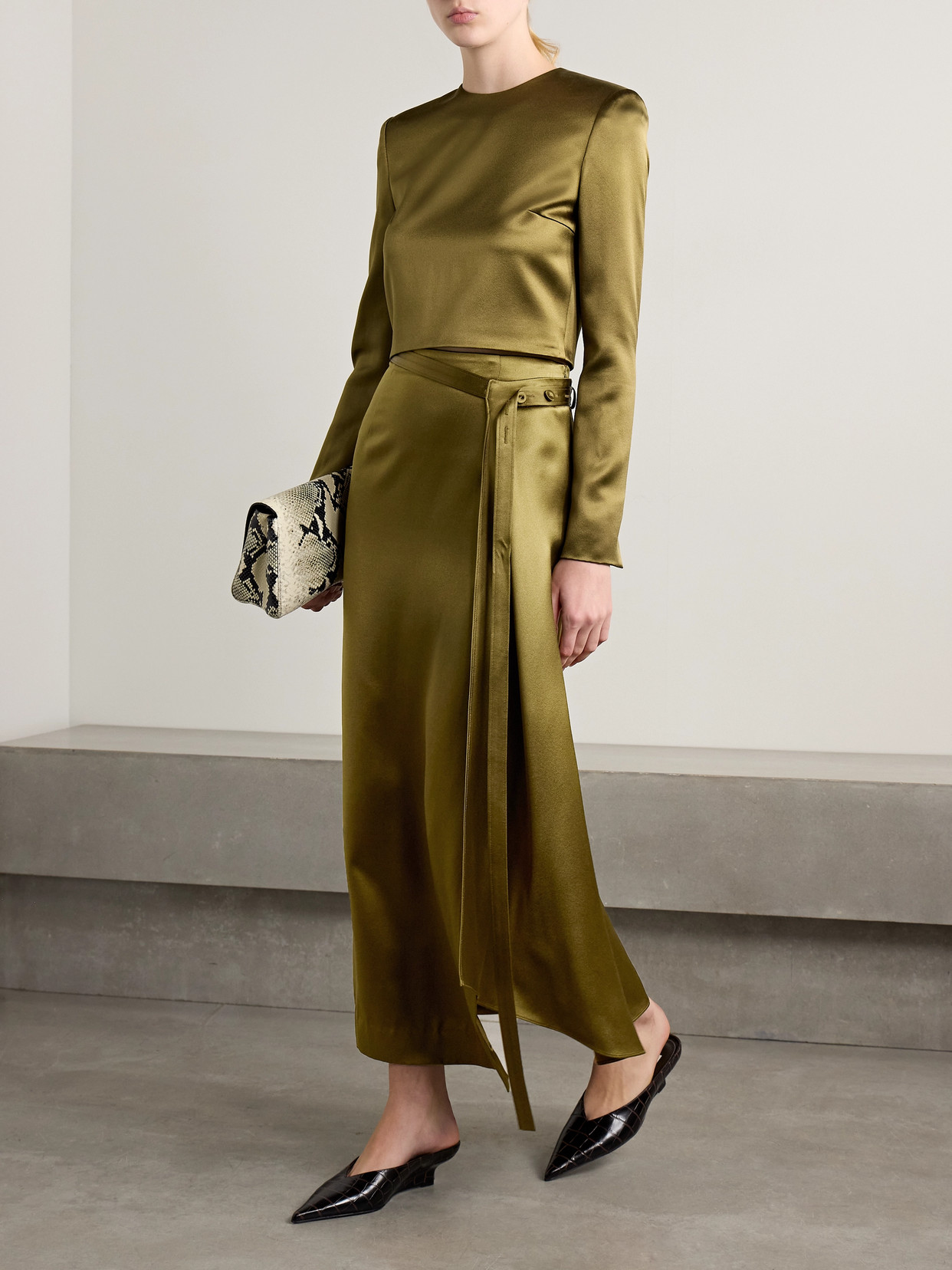Adam Lippes Bruna Wrap-effect Belted Silk-charmeuse Midi Skirt In Green