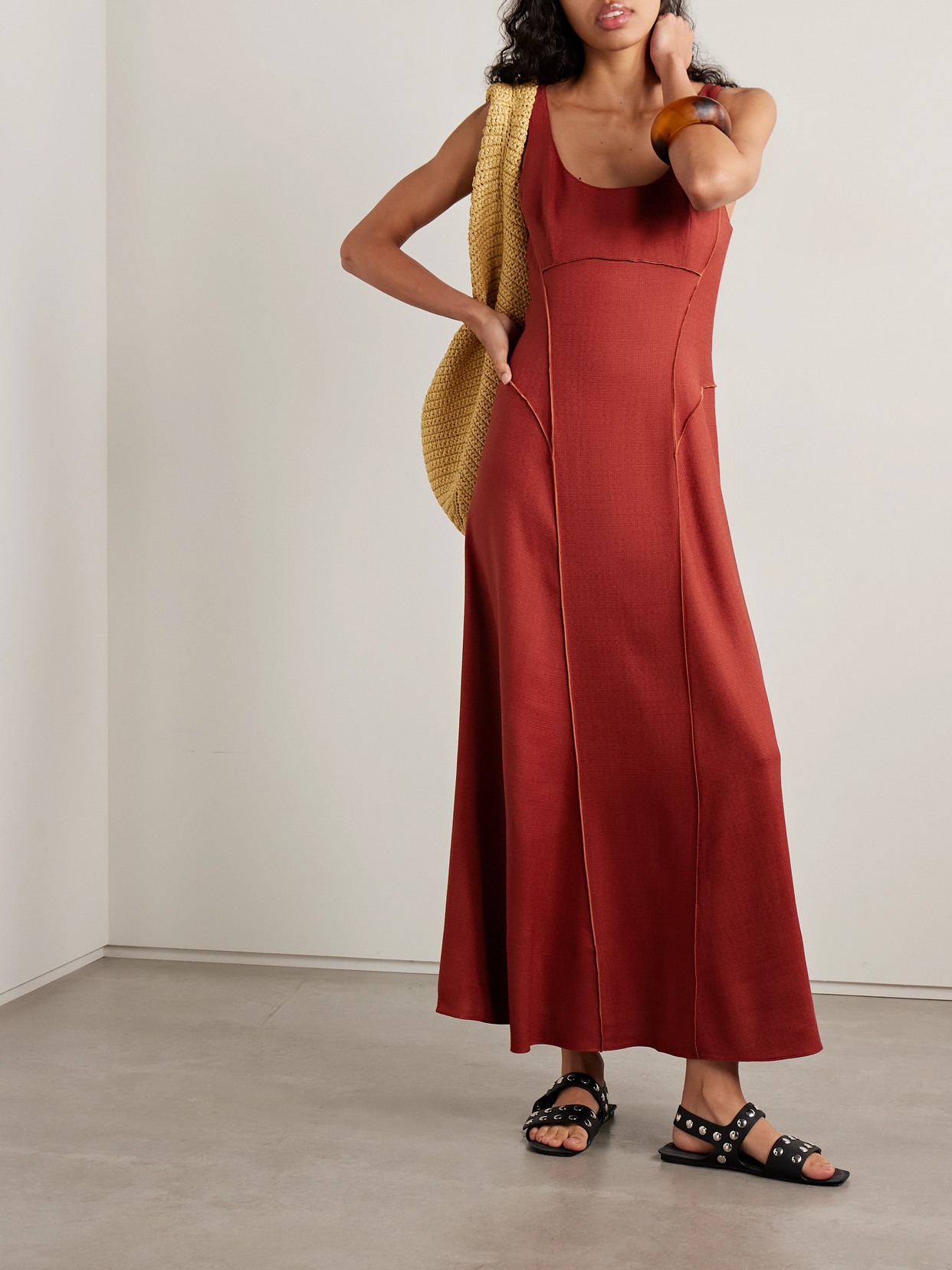 Adam Lippes Shay Paneled Canvas Midi Dress In Red