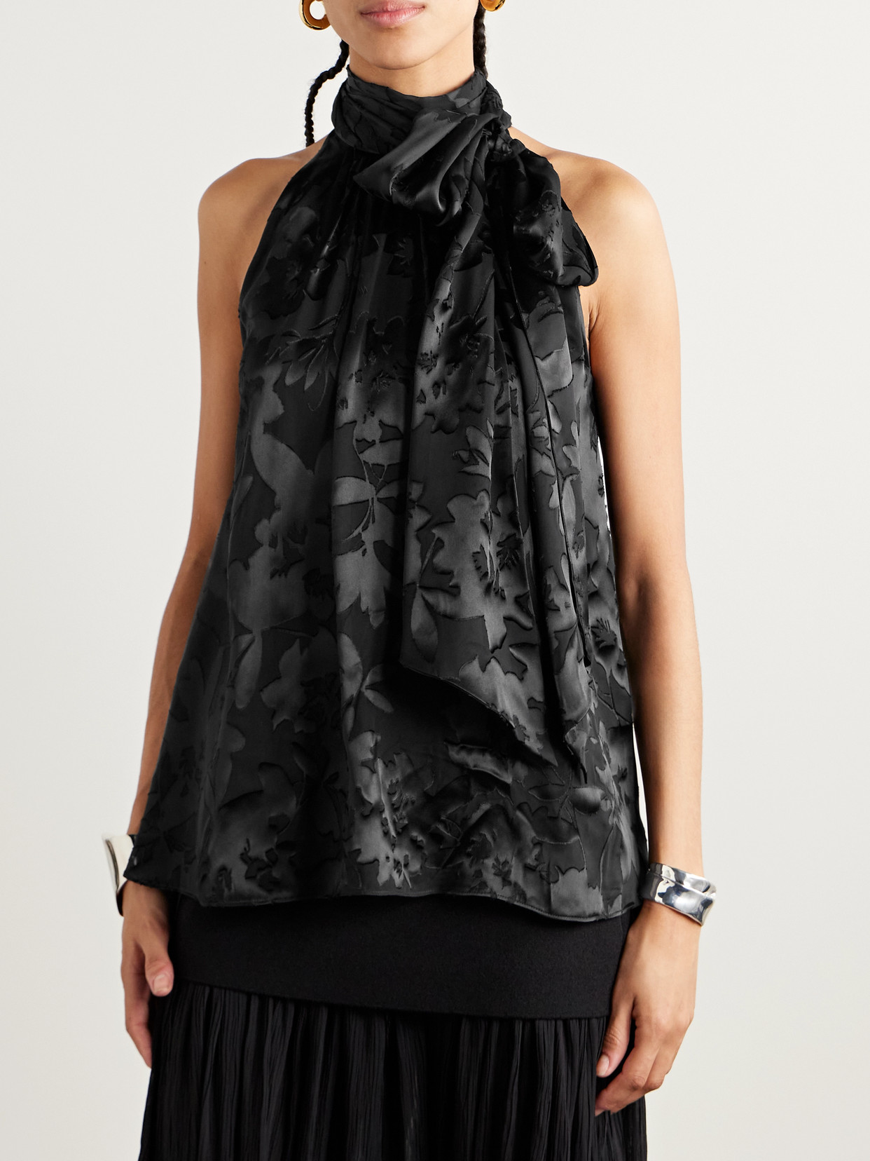 Adam Lippes Giulia Devoré-satin Halterneck Top In Black