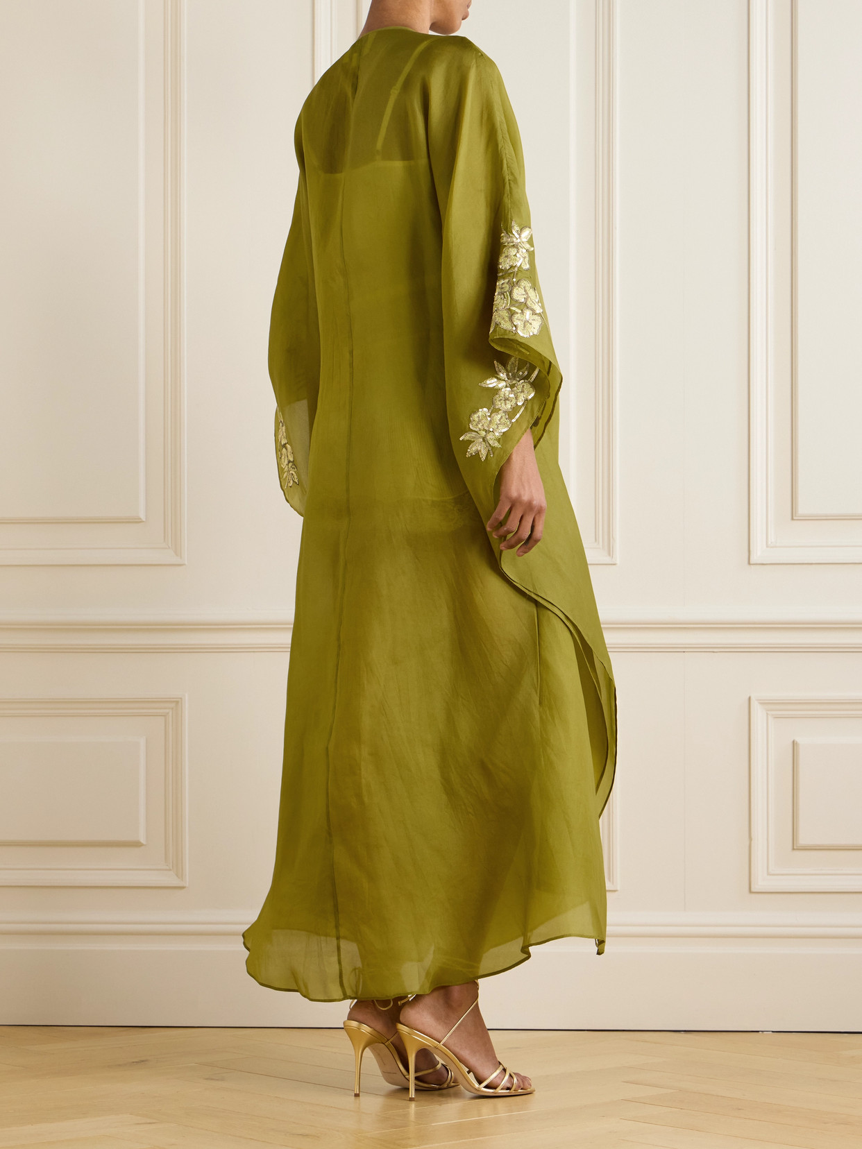 Shatha Essa Sequin-embellished Embroidered Organic Silk Wrap Gown In Green