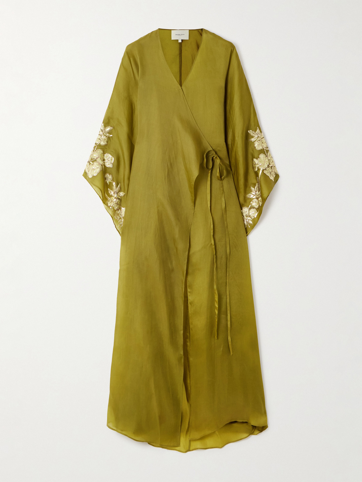 Shatha Essa Sequin-embellished Embroidered Organic Silk Wrap Gown In Green