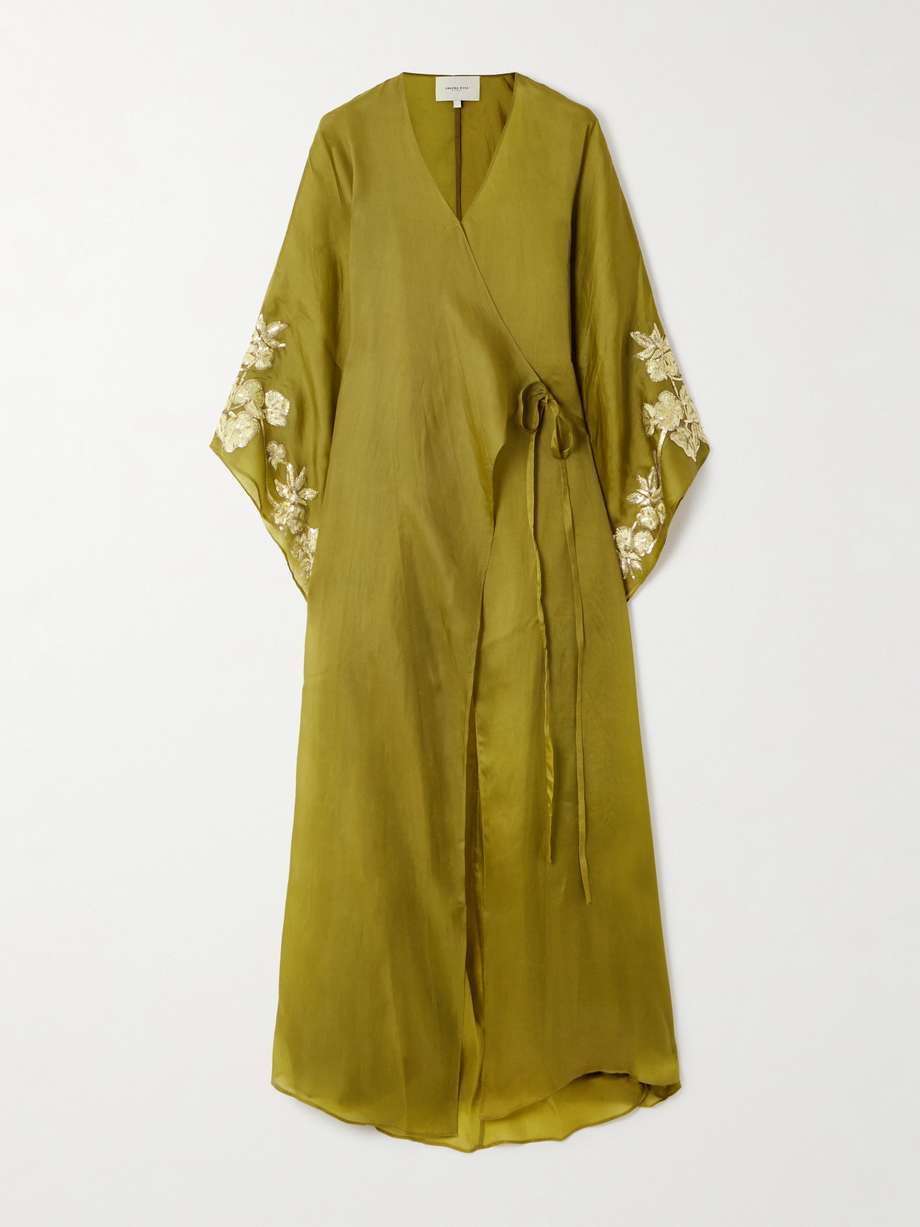 sequin-embellished embroidered organic silk wrap gown