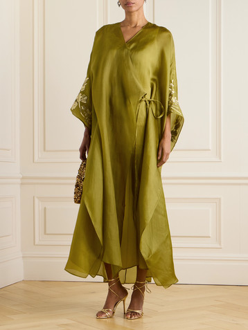 Shatha Essa Sequin-embellished embroidered organic silk wrap gown