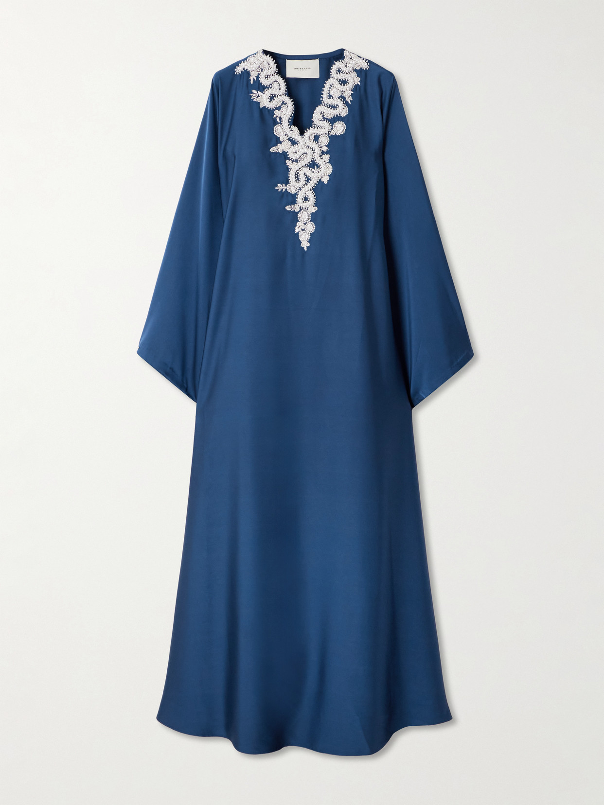 Shatha Essa Faux Pearl-embellished Embroidered Twill Gown In Blue